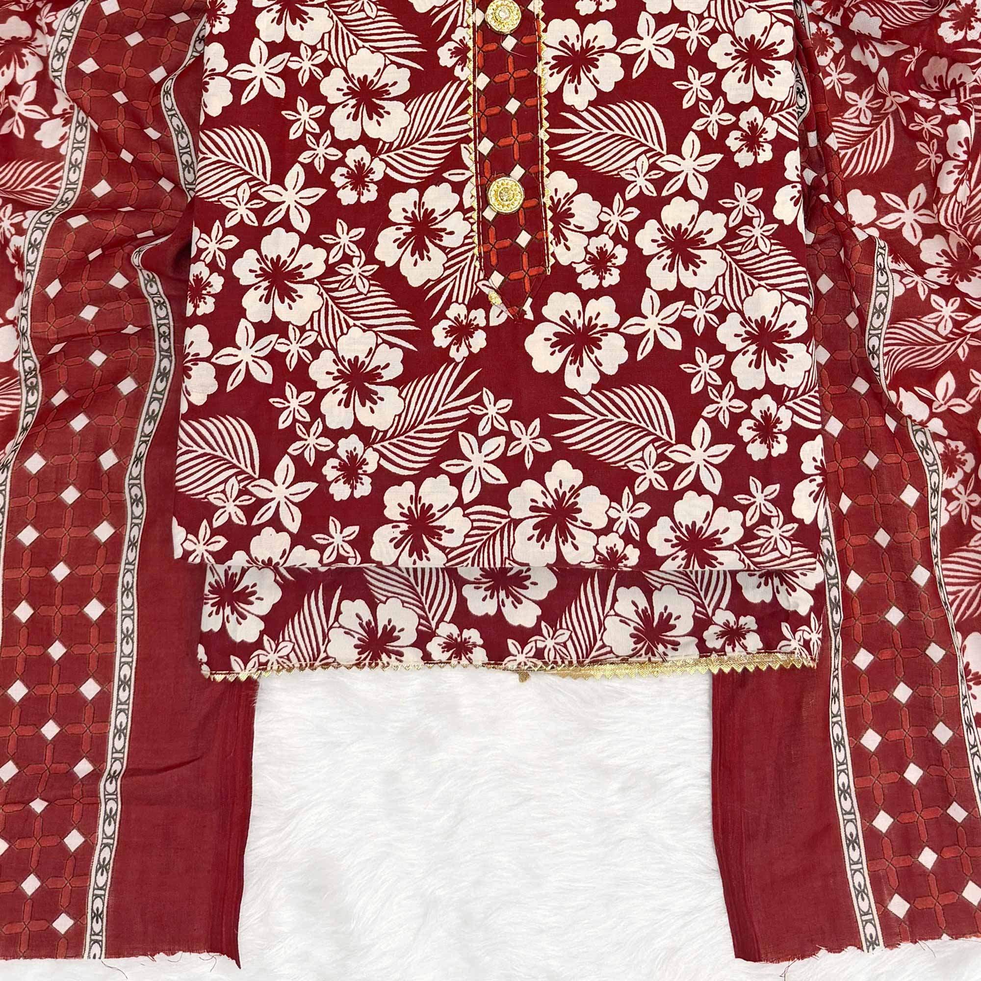 Graceful Maroon Floral Printed Cotton Blend Dress Material With Lace Border