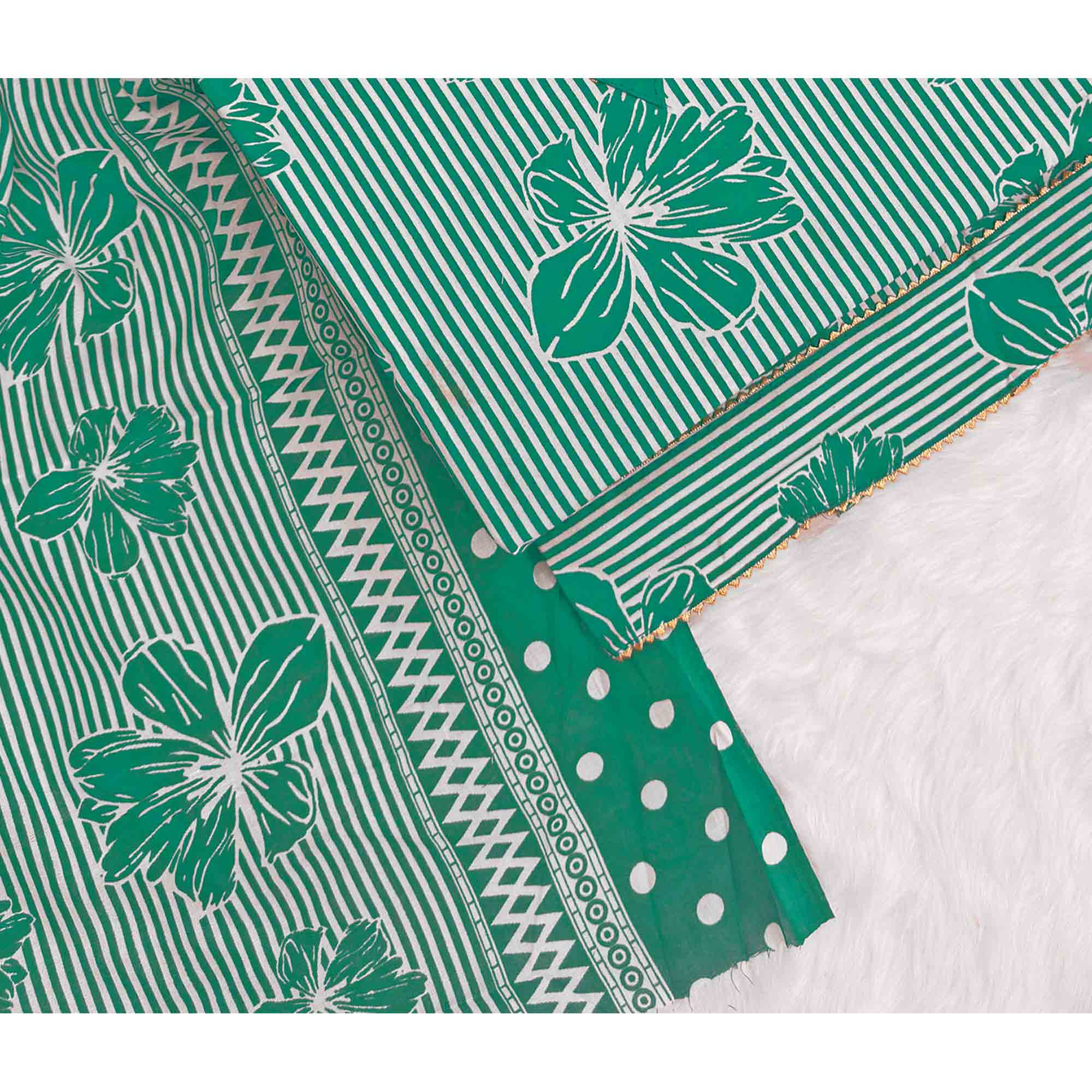 Rama Green Floral & Striped Printed Cotton Blend Dress Material With Elegant Lace Border