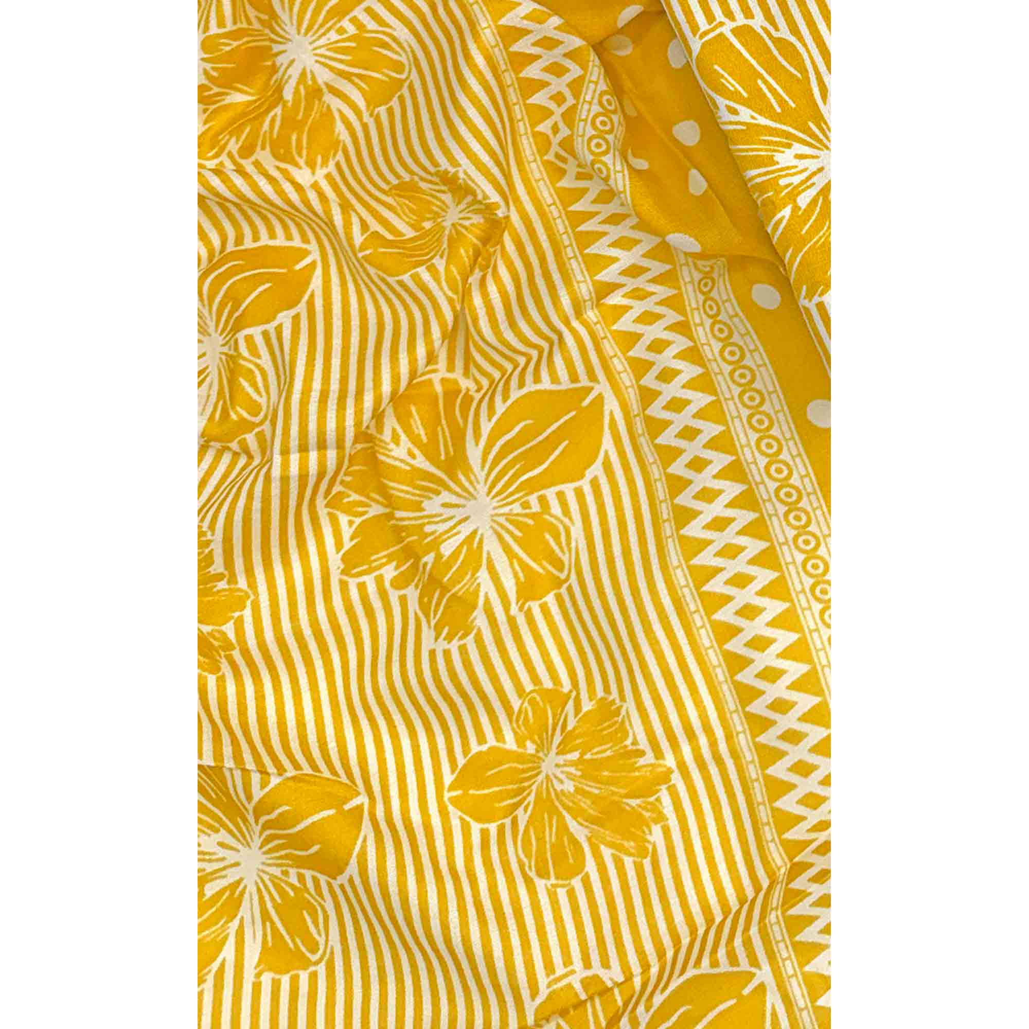 Mustard Floral & Striped Printed Cotton Blend Dress Material With Elegant Lace Border