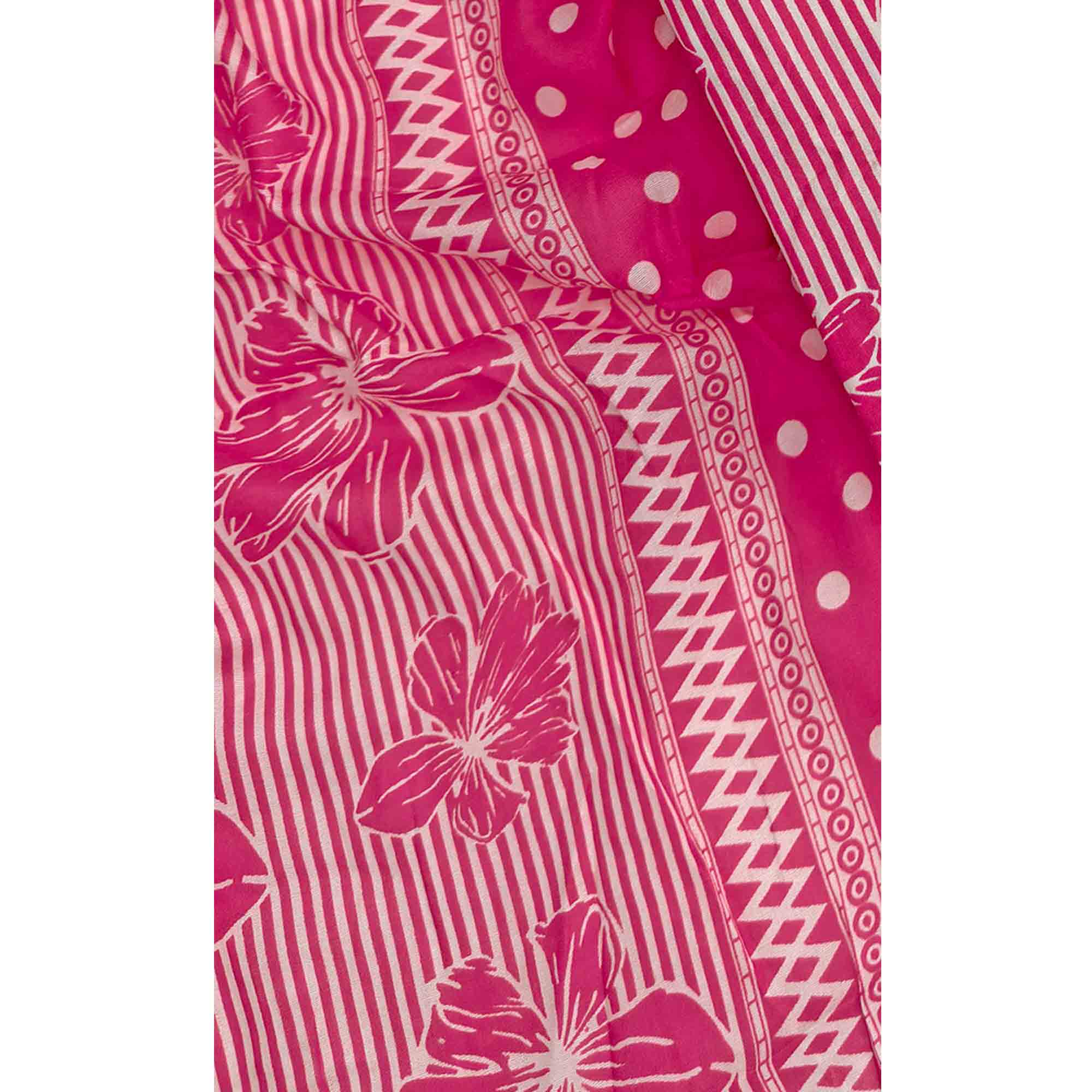 Rani Pink Floral & Striped Printed Cotton Blend Dress Material With Elegant Lace Border