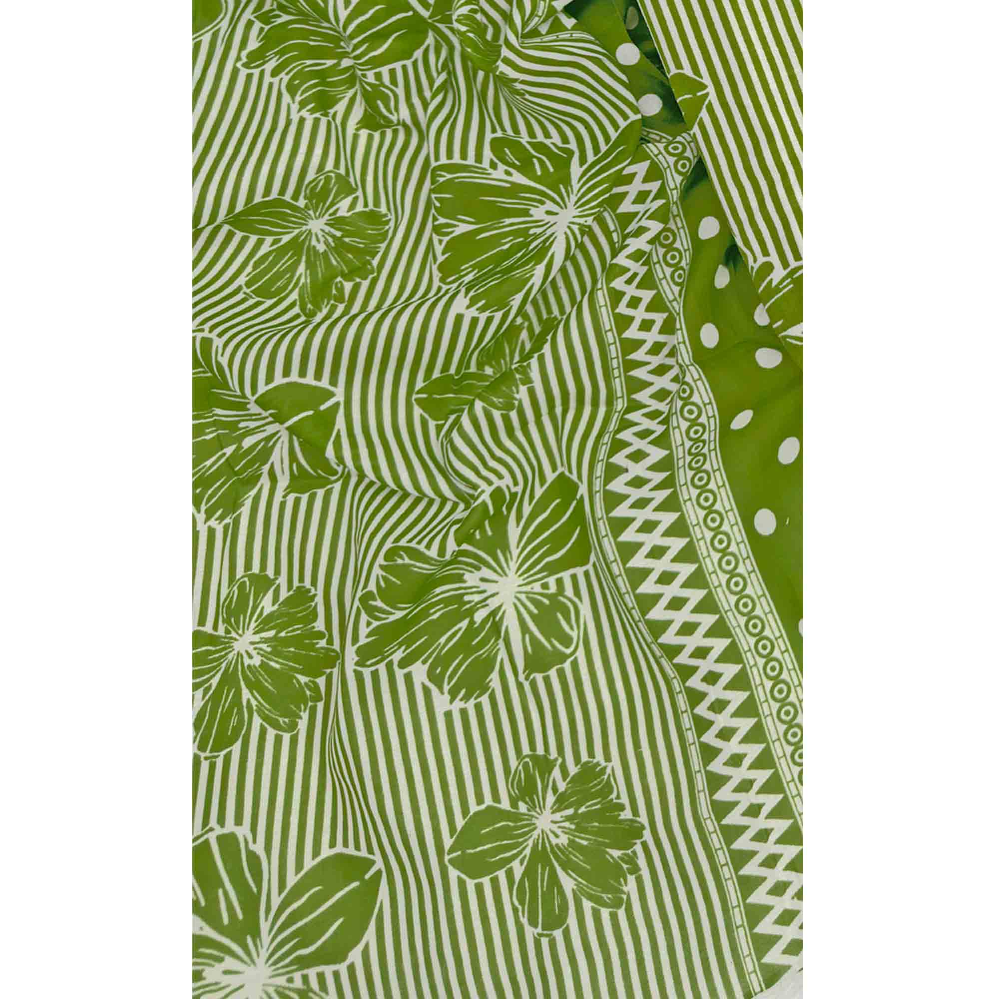 Green Floral & Striped Printed Cotton Blend Dress Material With Elegant Lace Border