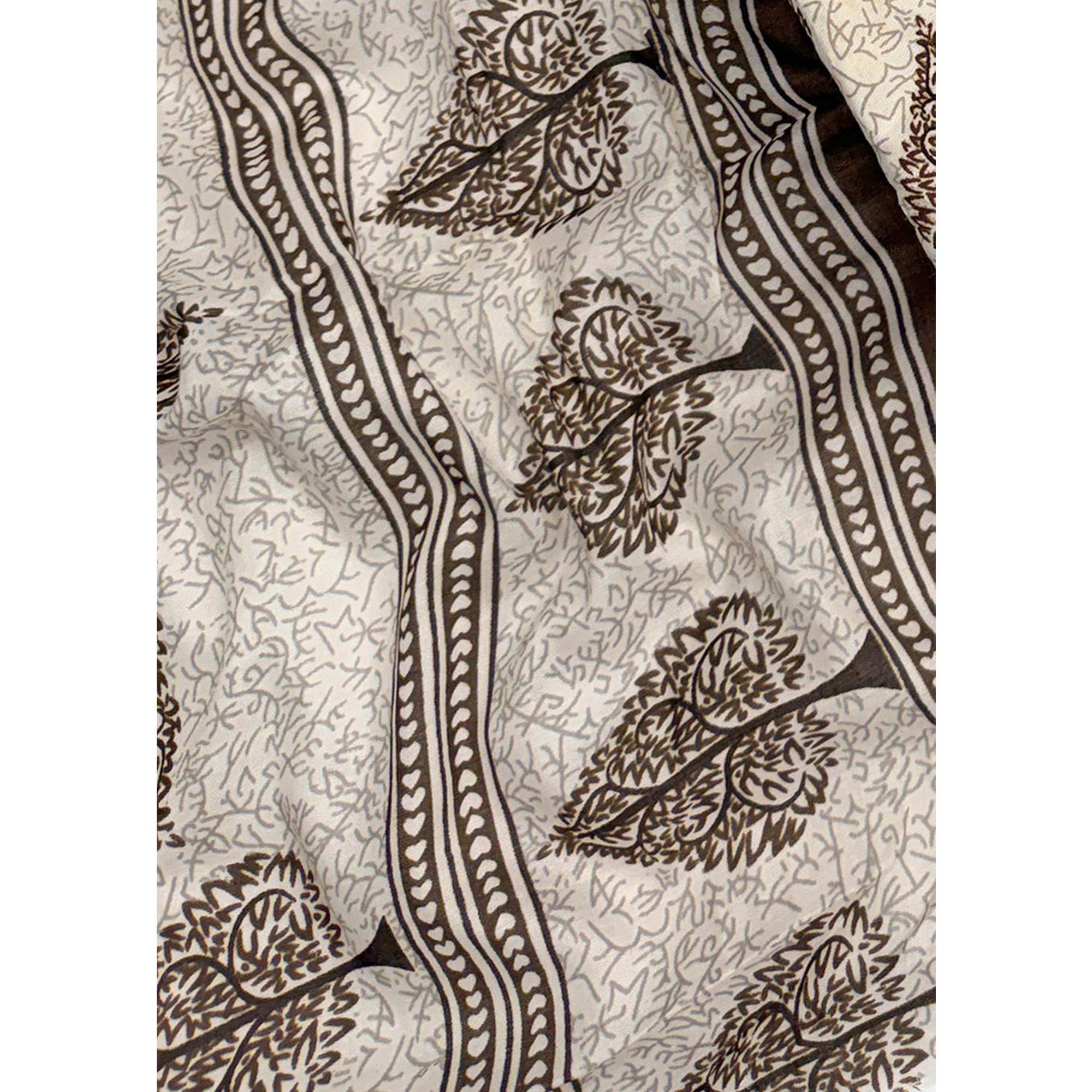 Vibrant Brown Leaf Printed Cotton Blend Dress Material Refined With Lace Border