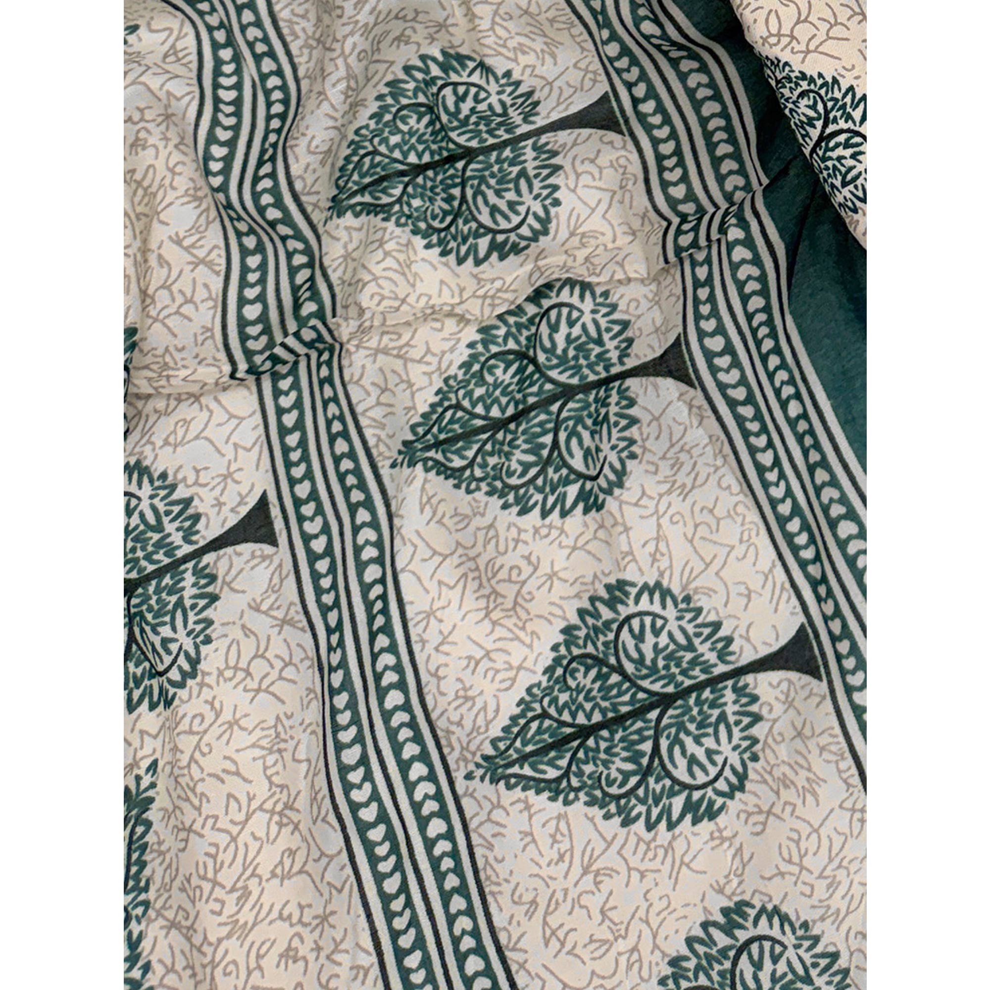 Vibrant Teal Green Leaf Printed Cotton Blend Dress Material Refined With Lace Border