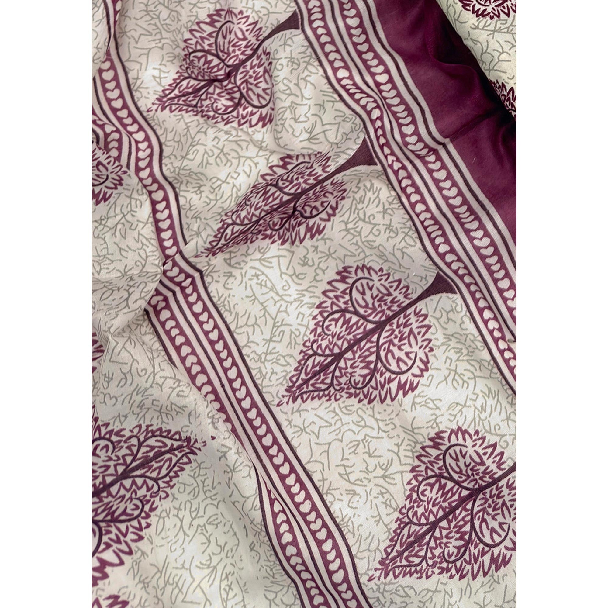 Vibrant Wine Leaf Printed Cotton Blend Dress Material Refined With Lace Border