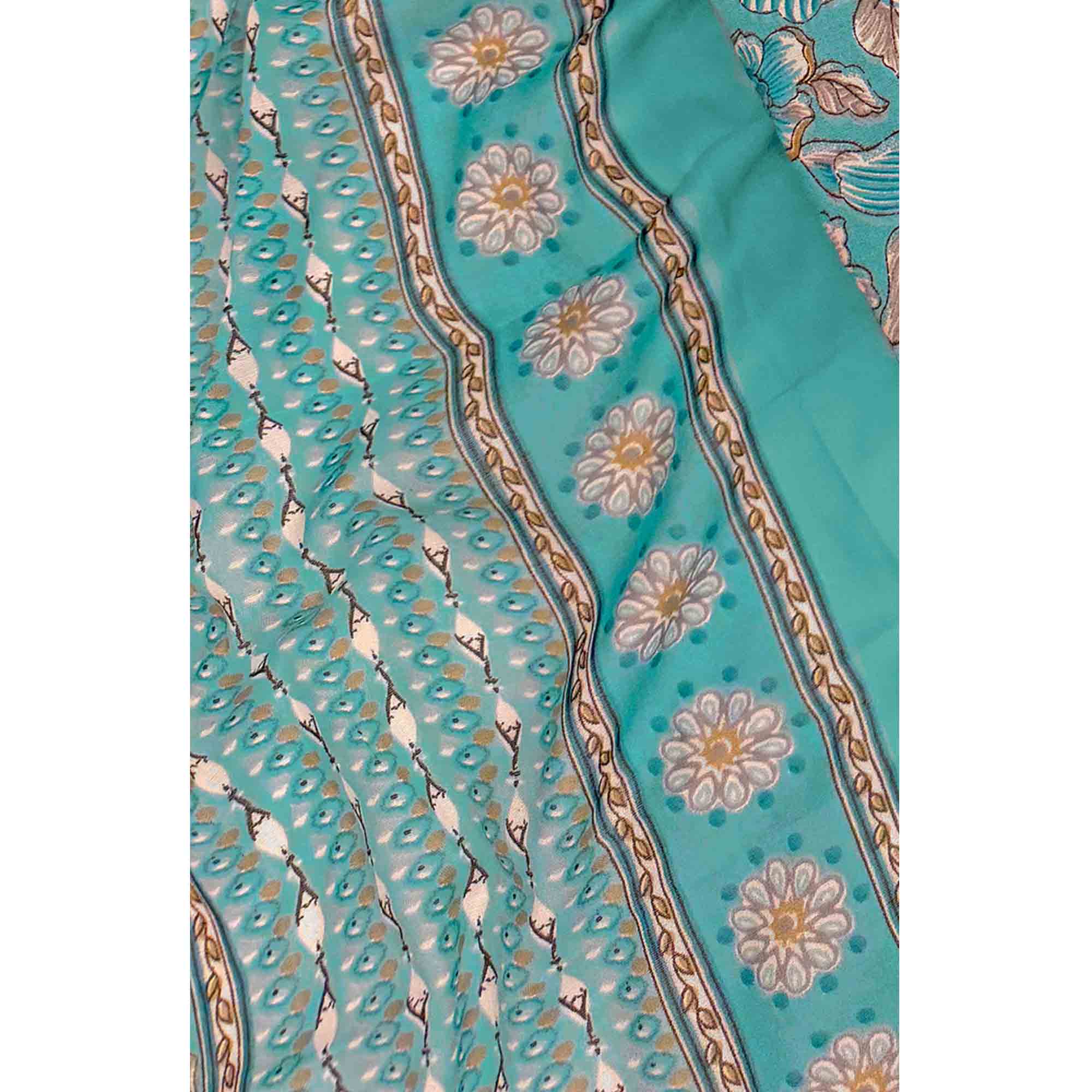 Elegant Turquoise Floral Printed Cotton Blend Dress Material Adorned With Intricate Lace Border