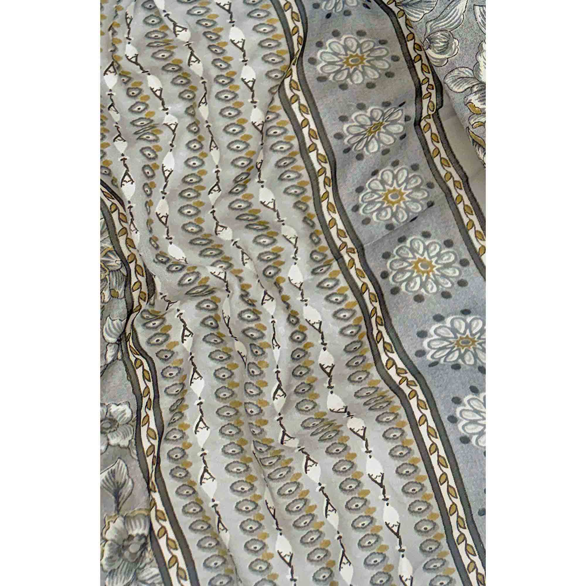 Elegant Grey Floral Printed Cotton Blend Dress Material Adorned With Intricate Lace Border