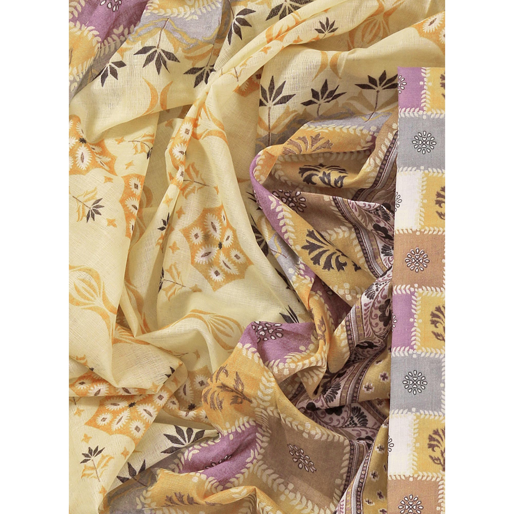 Pale Yellow Floral Printed With Gota Patti Work Pure Cotton Dress Material