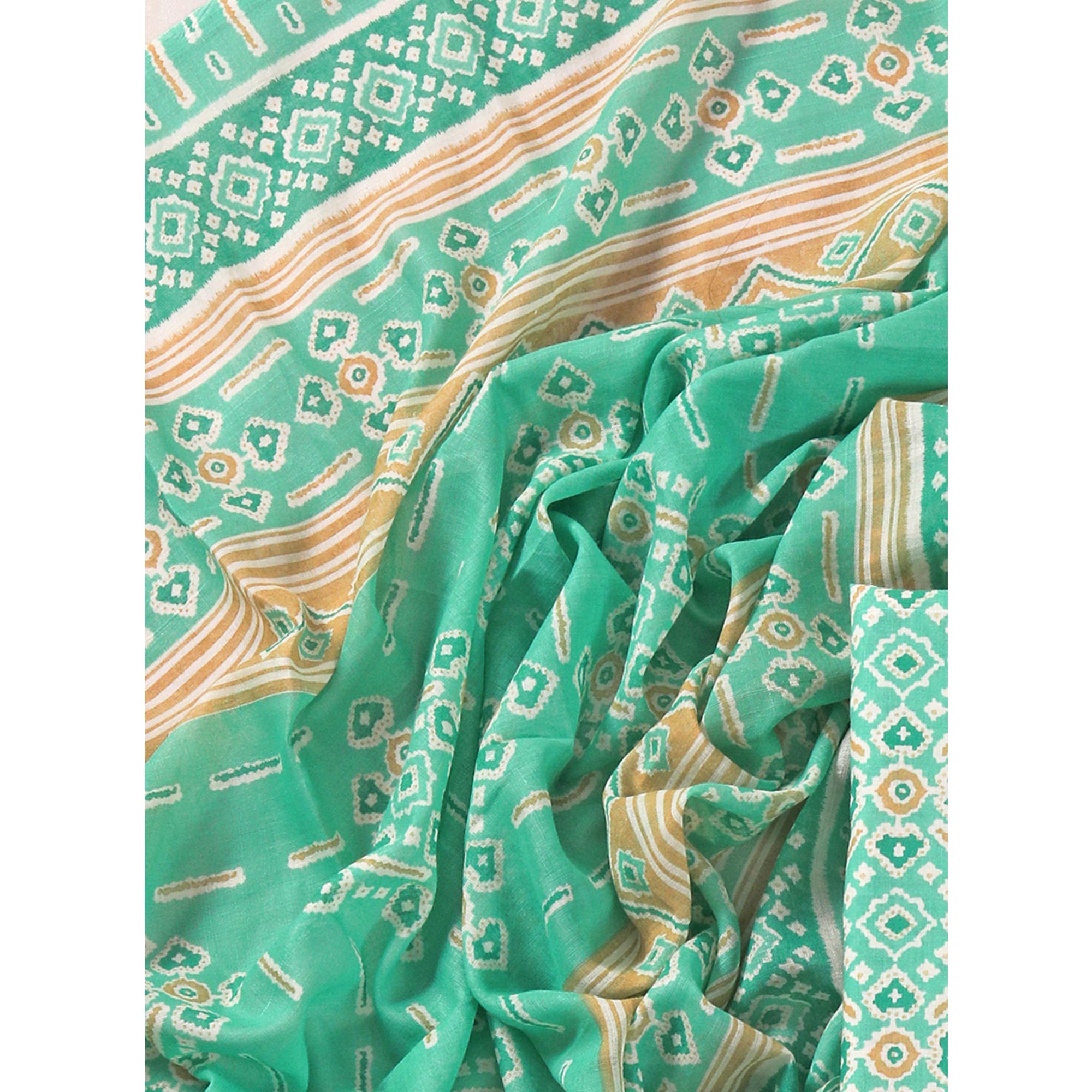 Turquoise Patola Printed With Gota Patti Work Pure Cotton Dress Material