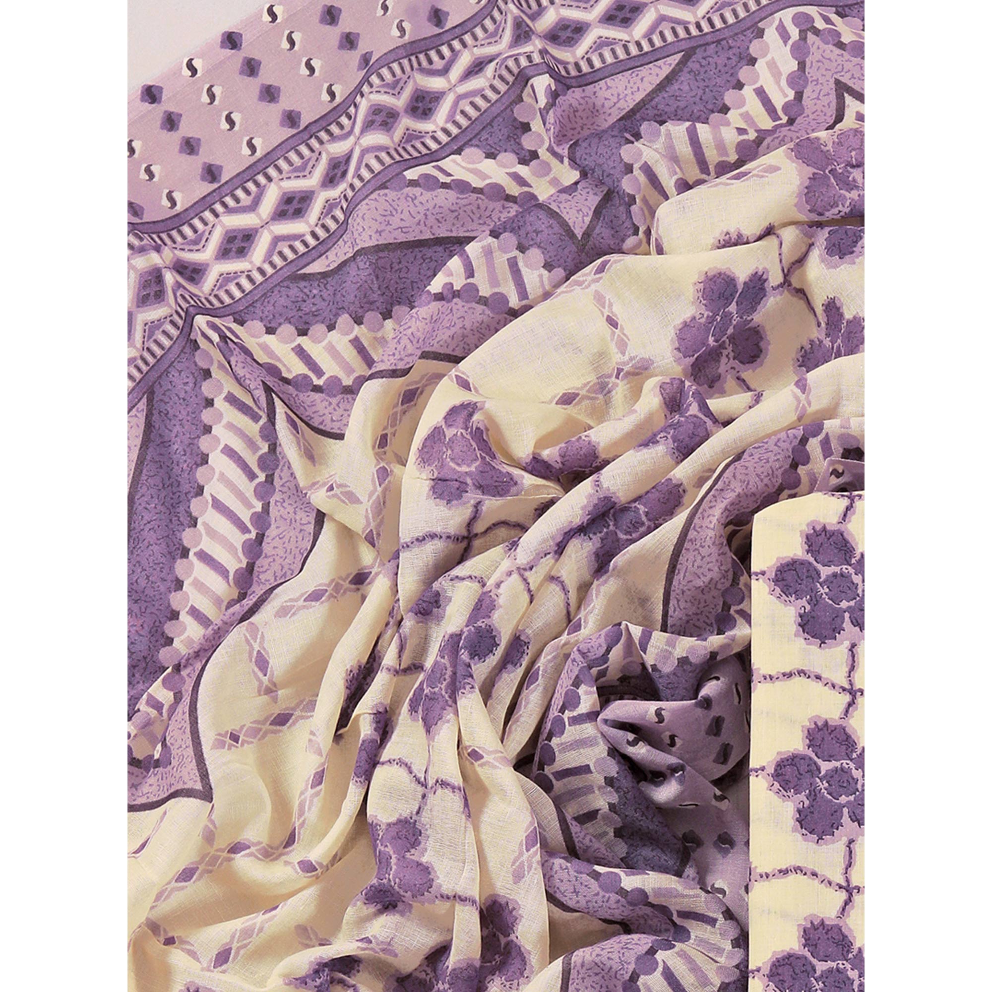Lavender Floral Printed With Gota Patti Work Pure Cotton Dress Material