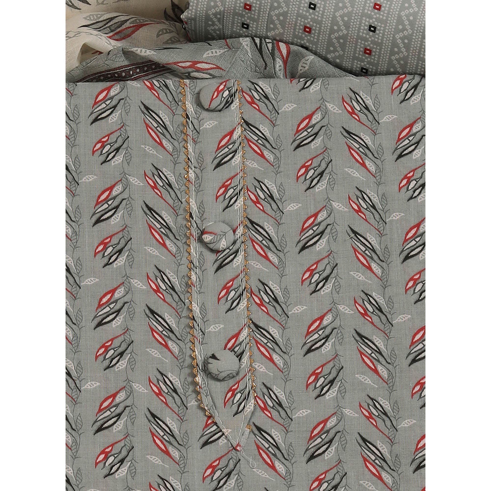 Fresh Grey Dress Material in Pure Cotton with Subtle Leaf Print Accents