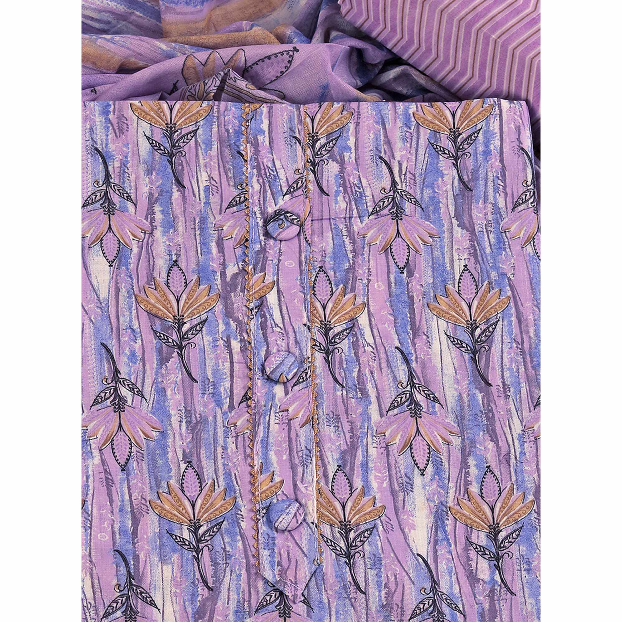 Lavender Pure Cotton Ensemble with All-Over Floral Motif Designs Dress Material