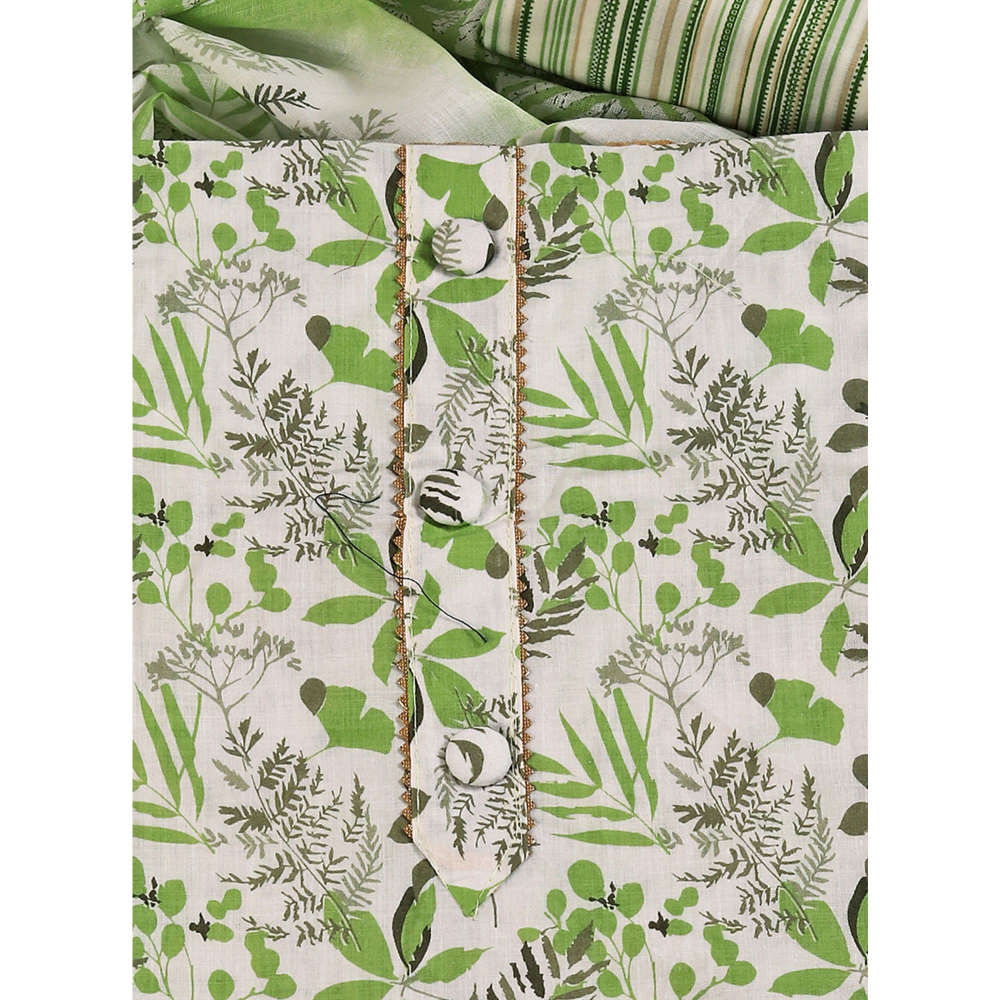 Floral Motifs on Green Pure Cotton Dress Material for Effortless Style