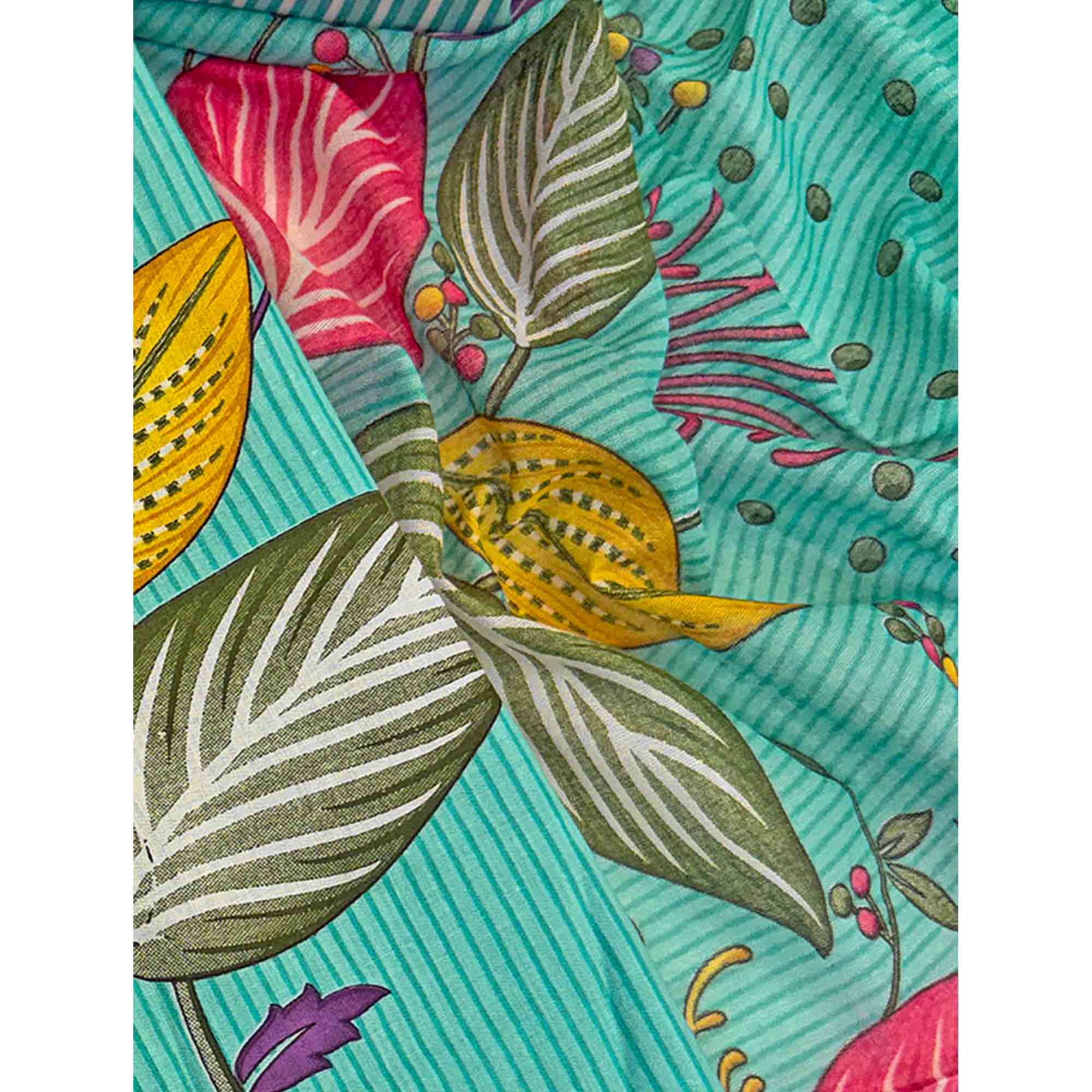 Turquoise Floral & Striped Printed Pure Cotton Dress Material With Elegant Detailing