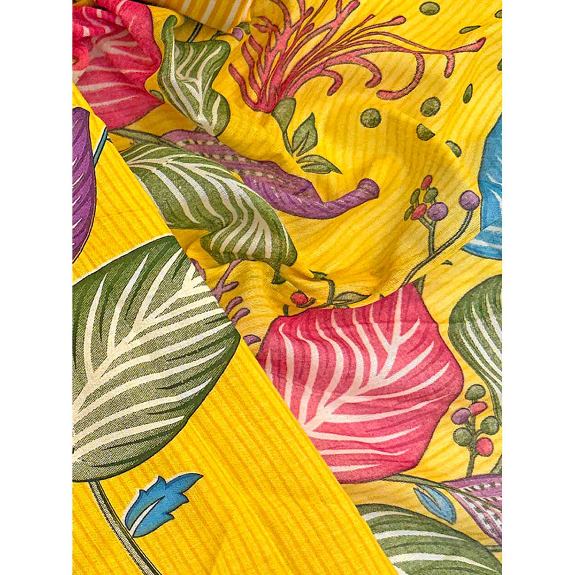 Yellow Floral & Striped Printed Pure Cotton Dress Material With Elegant Detailing