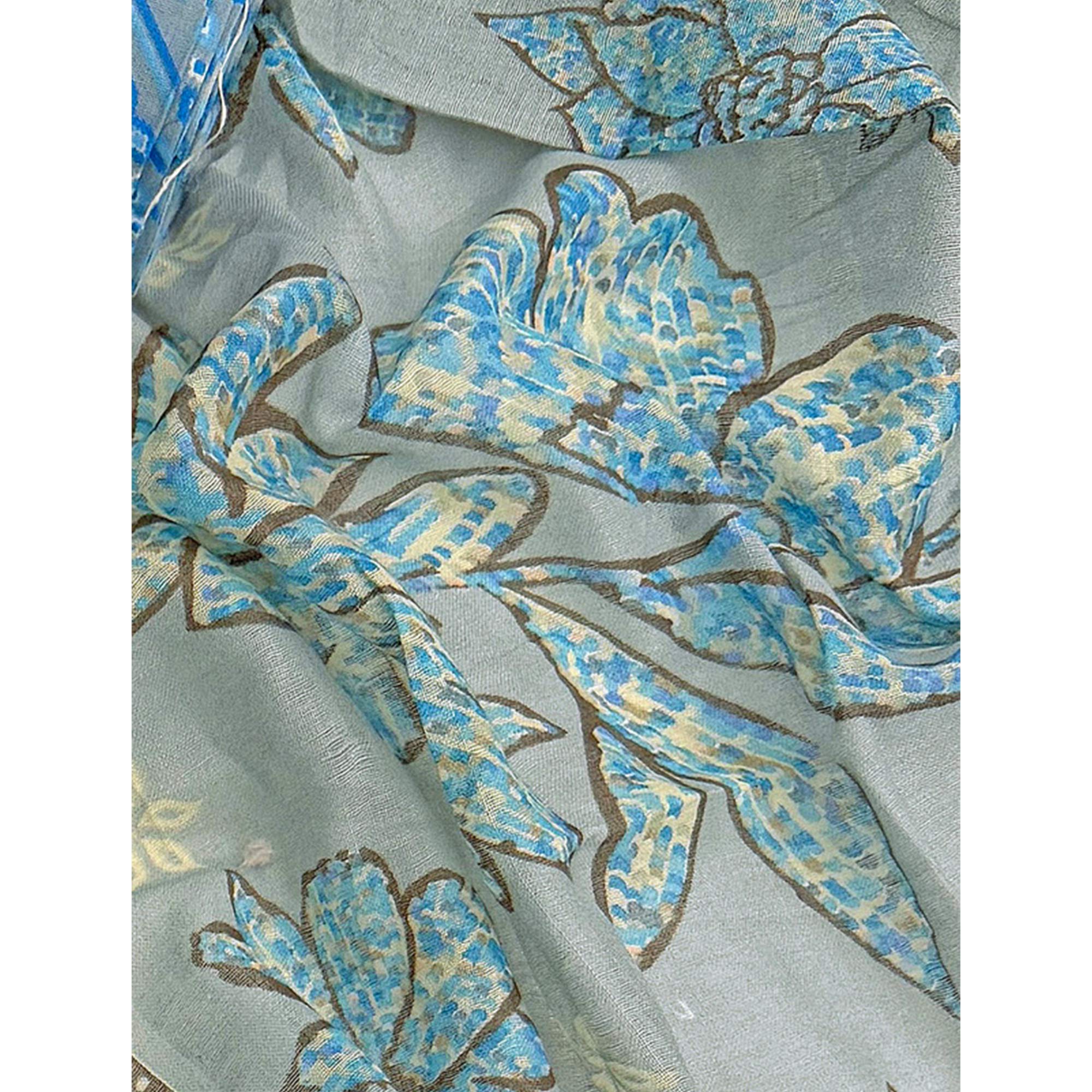 Dusty Blue Floral Printed Pure Cotton Dress Material With Elegant Everyday Appeal