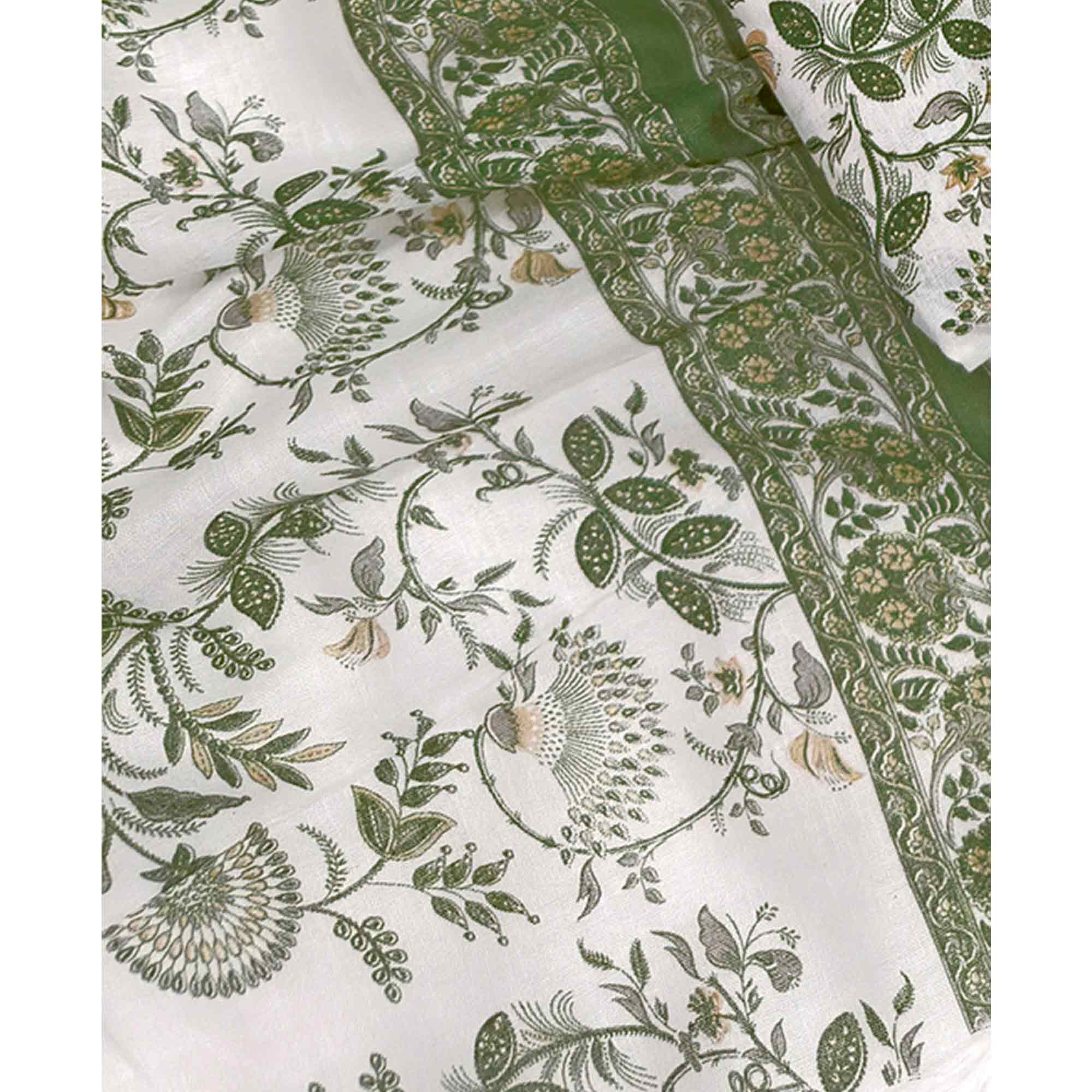 Elegant Green Floral Printed Pure Cotton Dress Material With Tie Neck & Fancy Button