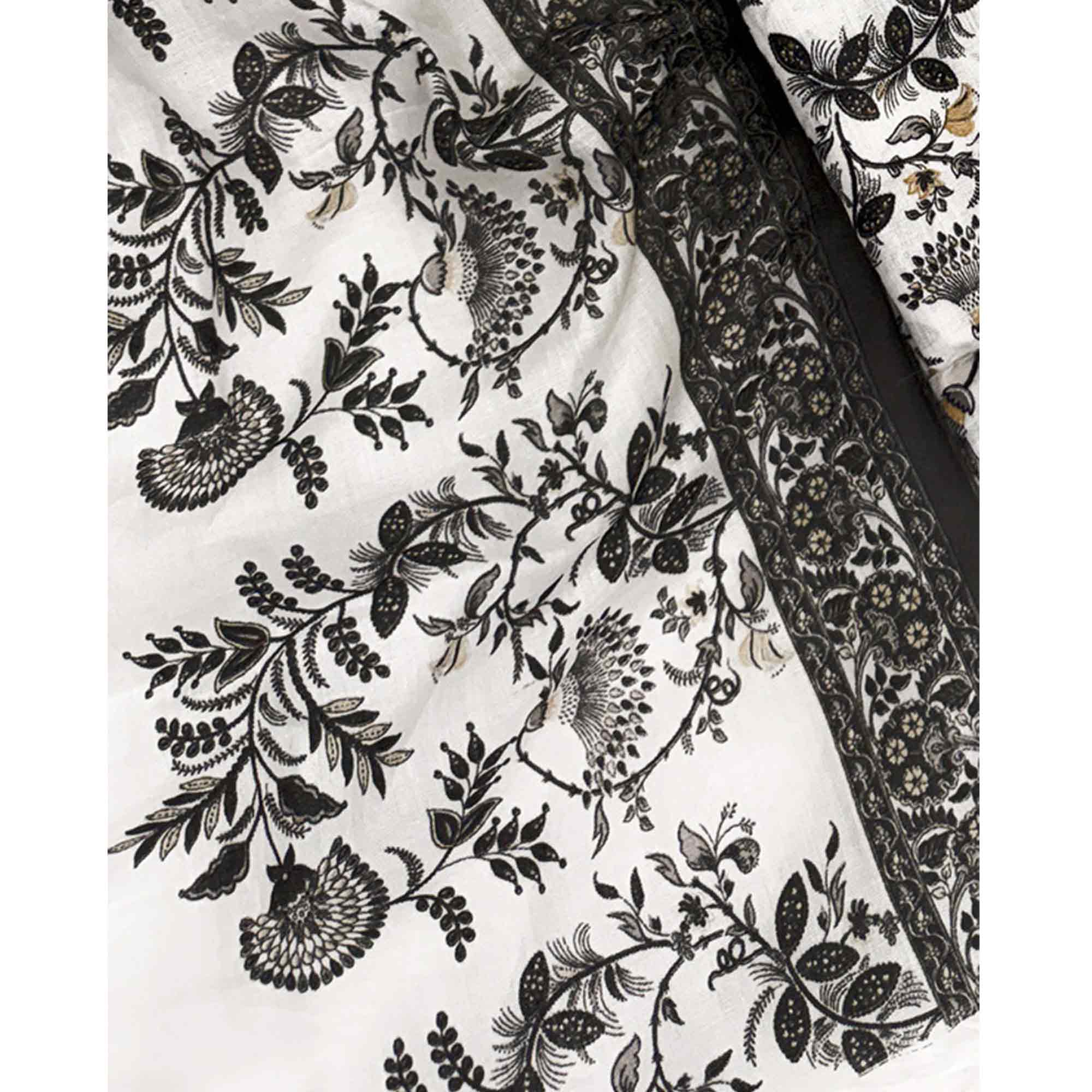 Elegant Black Floral Printed Pure Cotton Dress Material With Tie Neck & Fancy Button