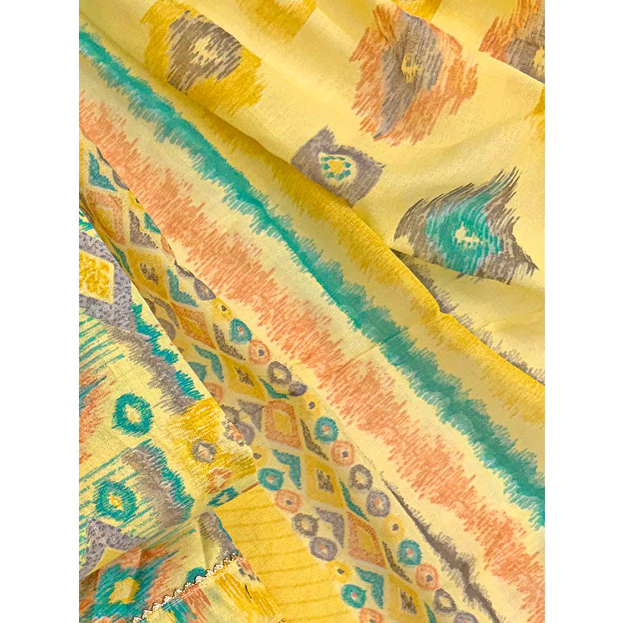 Yellow Contemporary Ikat & Geometric Style Print Pure Cotton Dress Material With Decorative Button