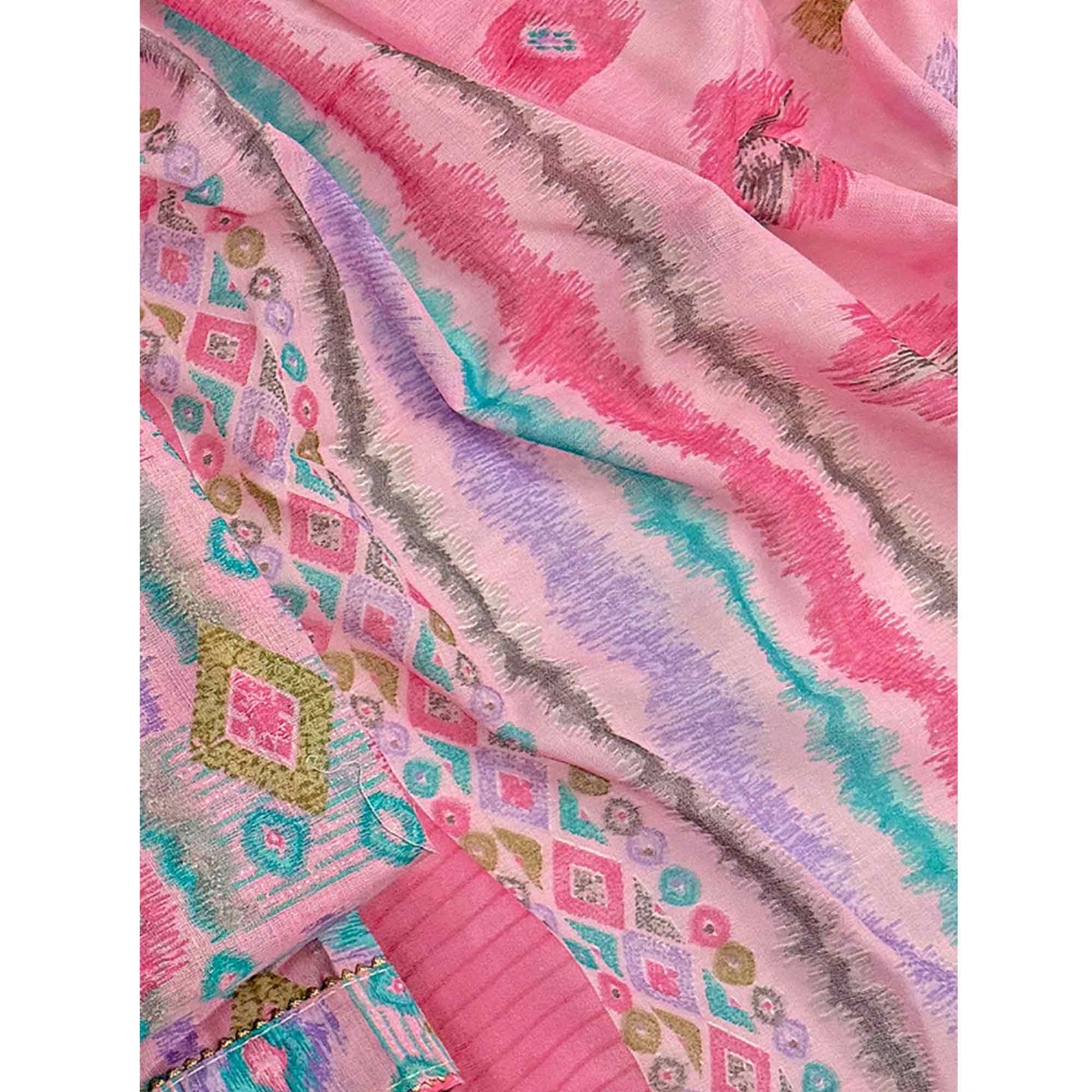 Pink Contemporary Ikat & Geometric Style Print Pure Cotton Dress Material With Decorative Button