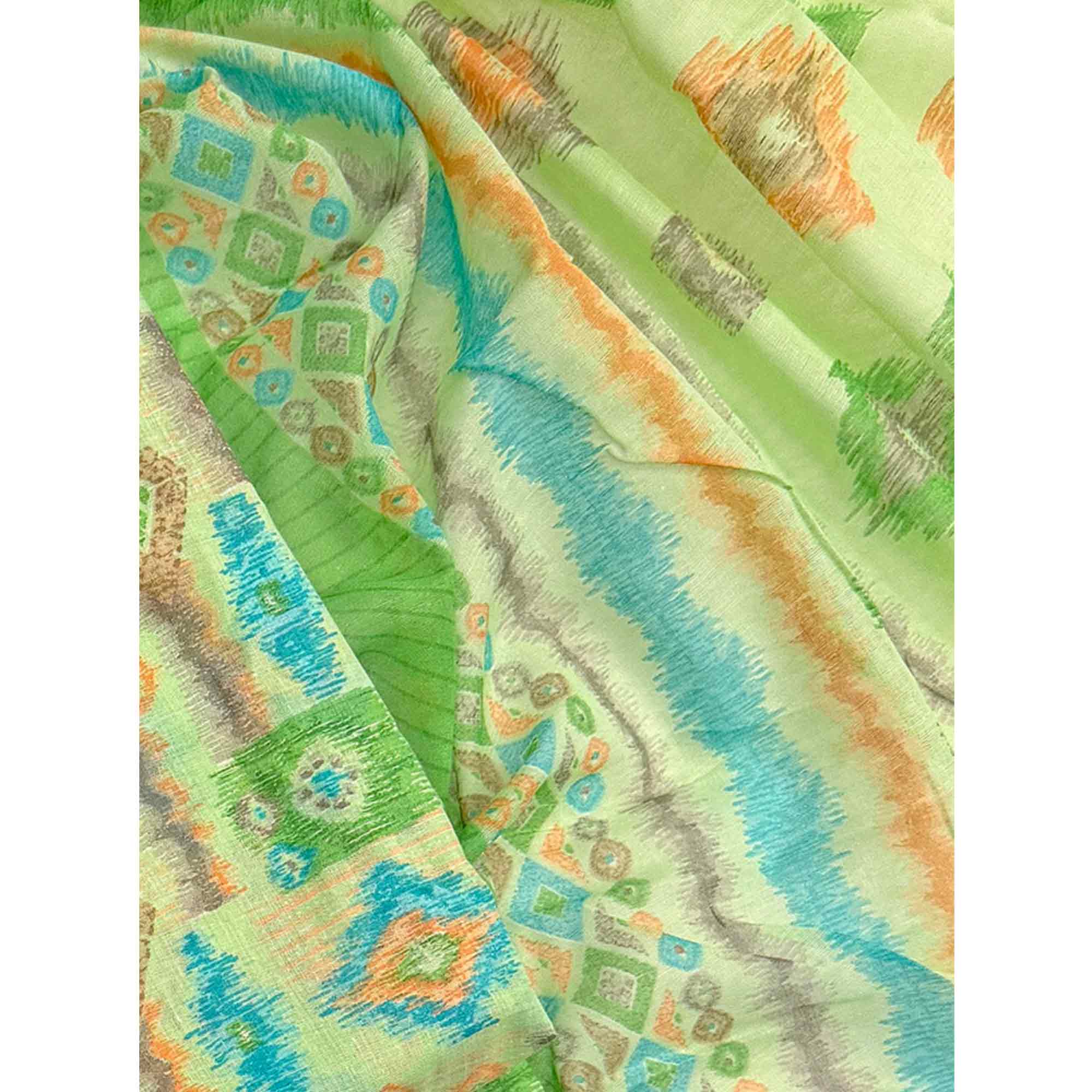 Green Contemporary Ikat & Geometric Style Print Pure Cotton Dress Material With Decorative Button