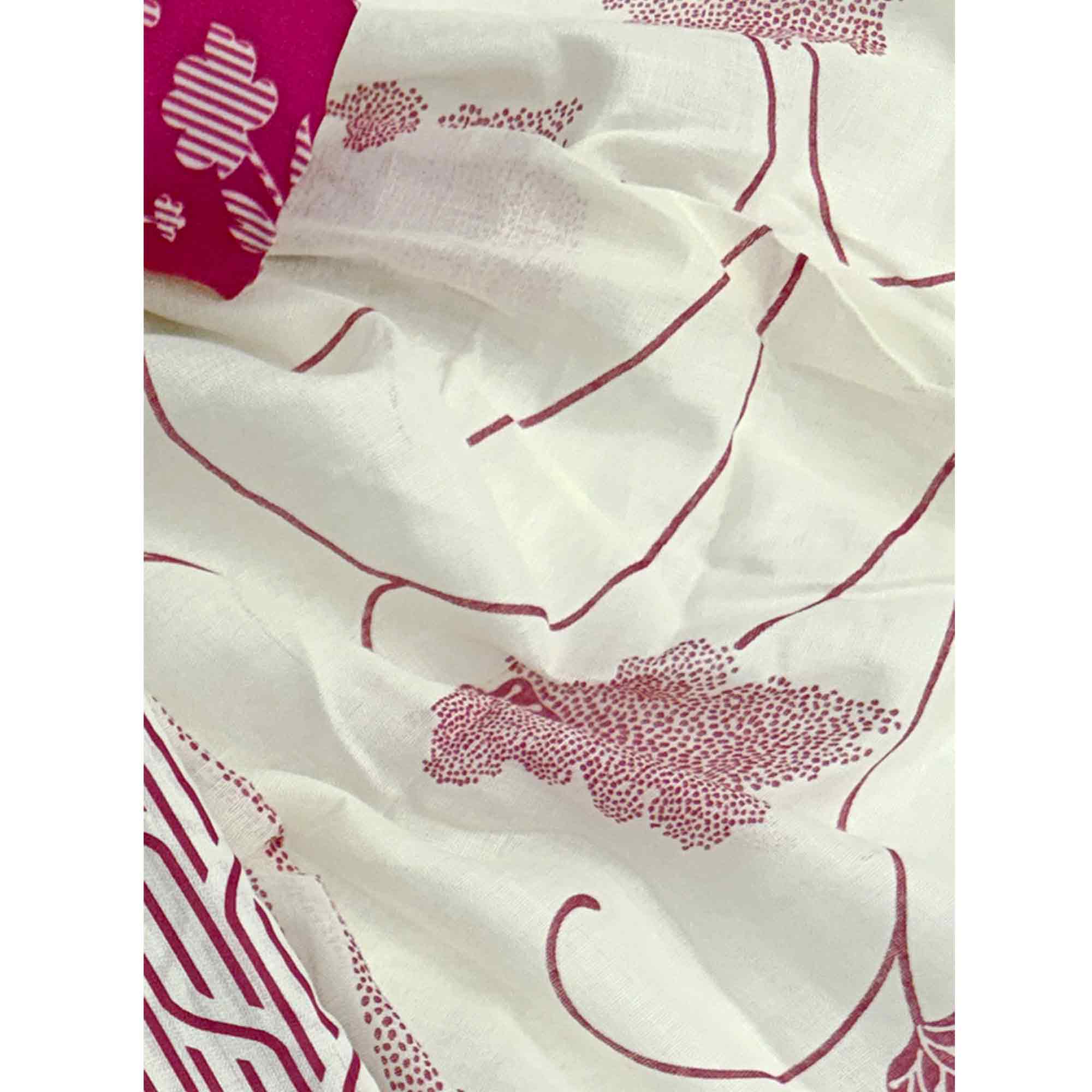 Trendy Rani Pink Geometric Print Pure Cotton Dress Material With Stylish Tie Neck & Fancy Button