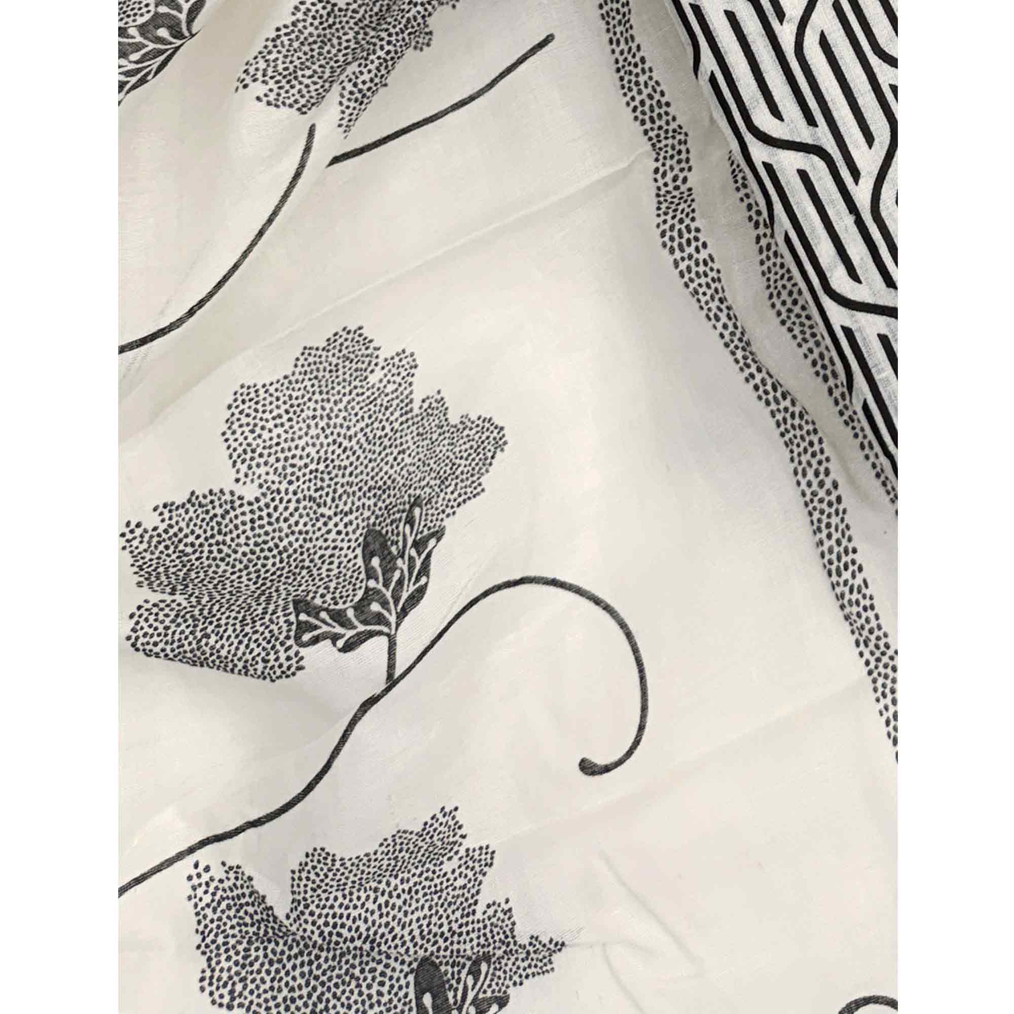 Trendy Black Geometric Print Pure Cotton Dress Material Featuring Stylish Tie Neck & Fancy Button