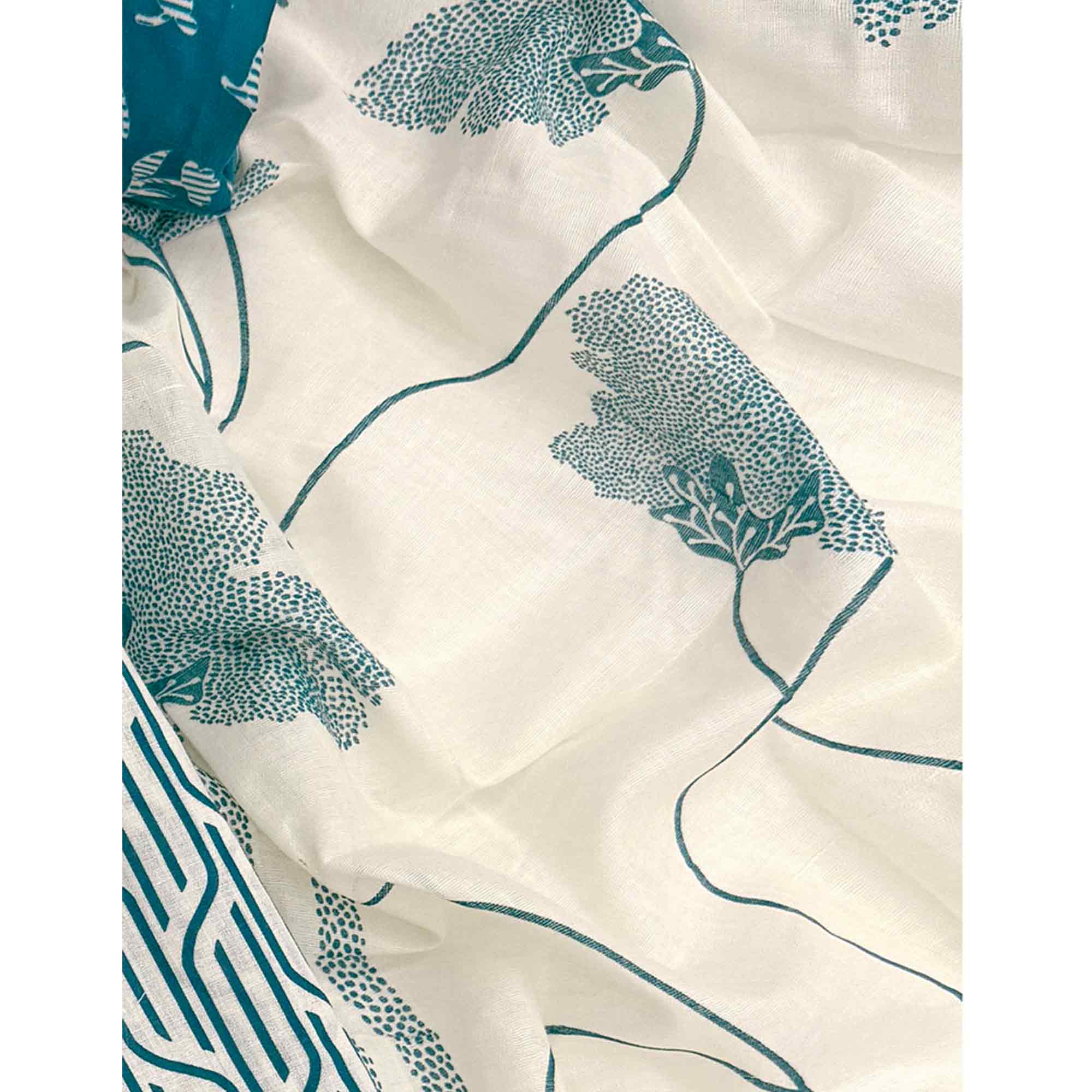 Trendy Teal Geometric Print Pure Cotton Dress Material Featuring Stylish Tie Neck & Fancy Button