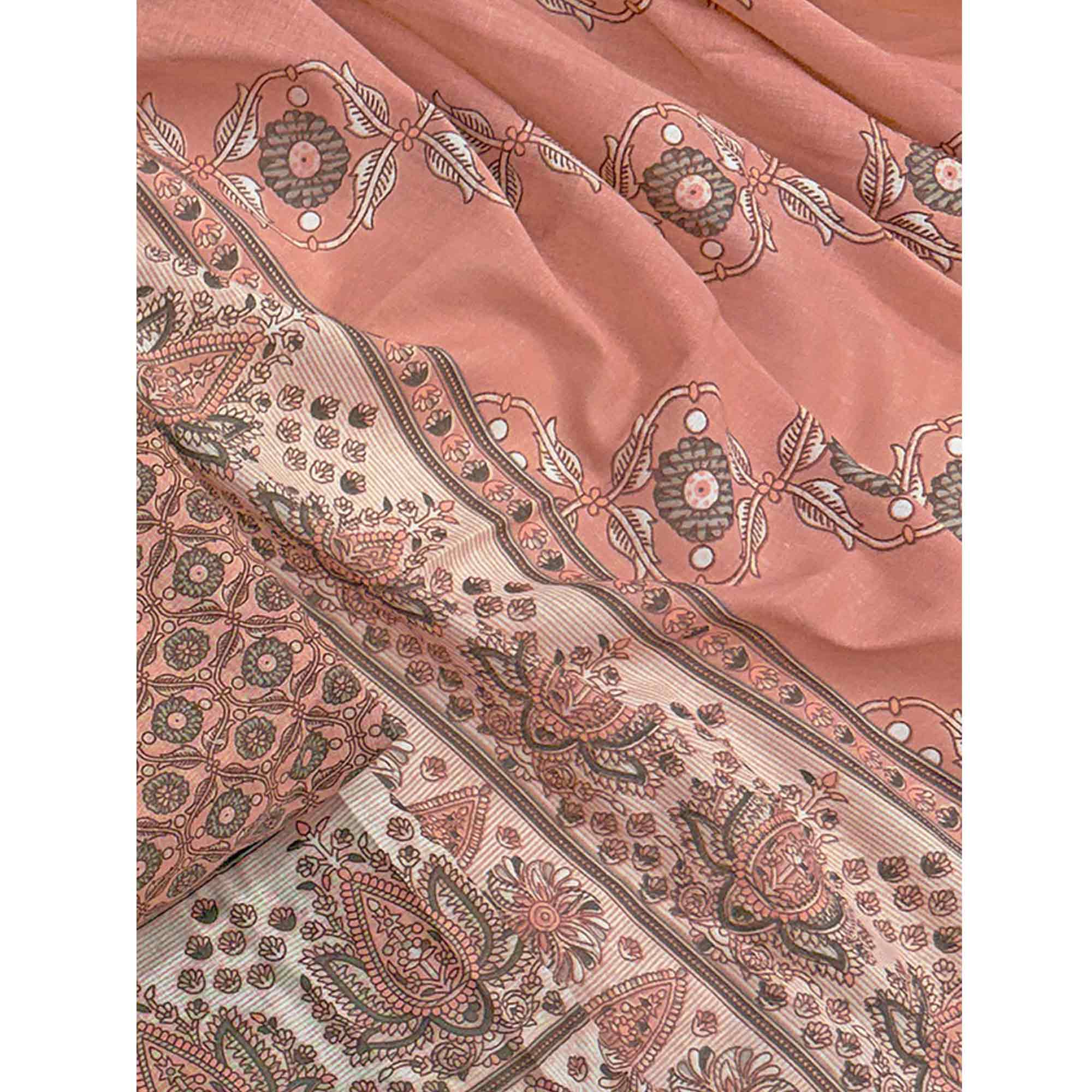 Vibrant Peach Floral Print Pure Cotton Dress Material With Refined Craftsmanship