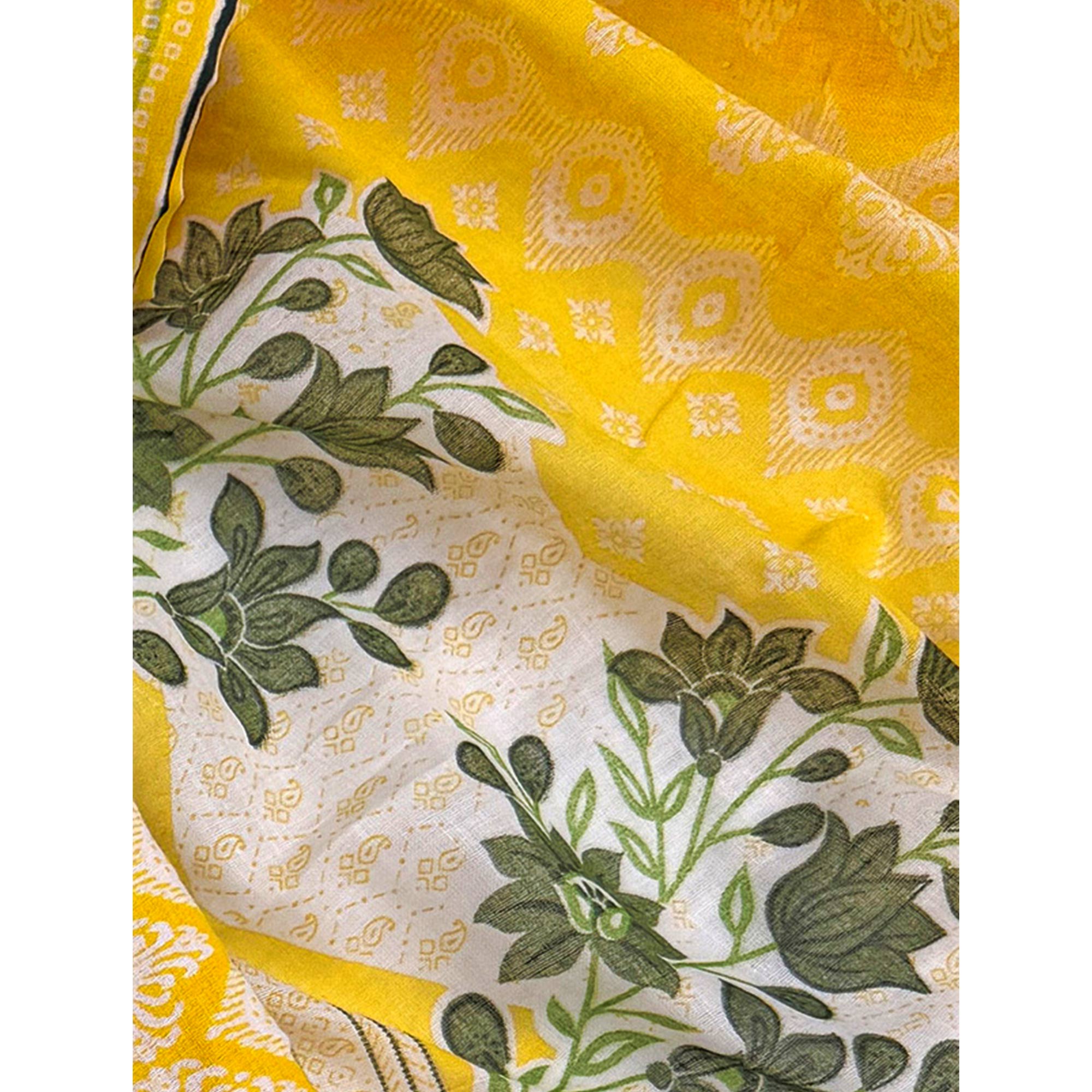 Charming Yellow Pure Cotton Dress Material With Delicate Floral Print