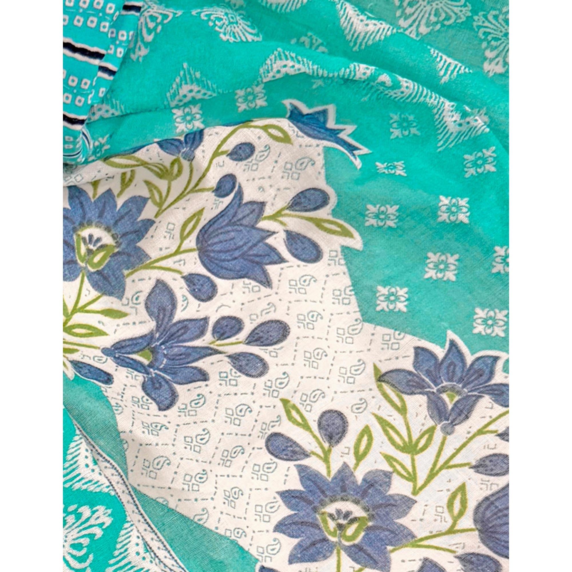 Charming Turquoise Pure Cotton Dress Material With Delicate Floral Print