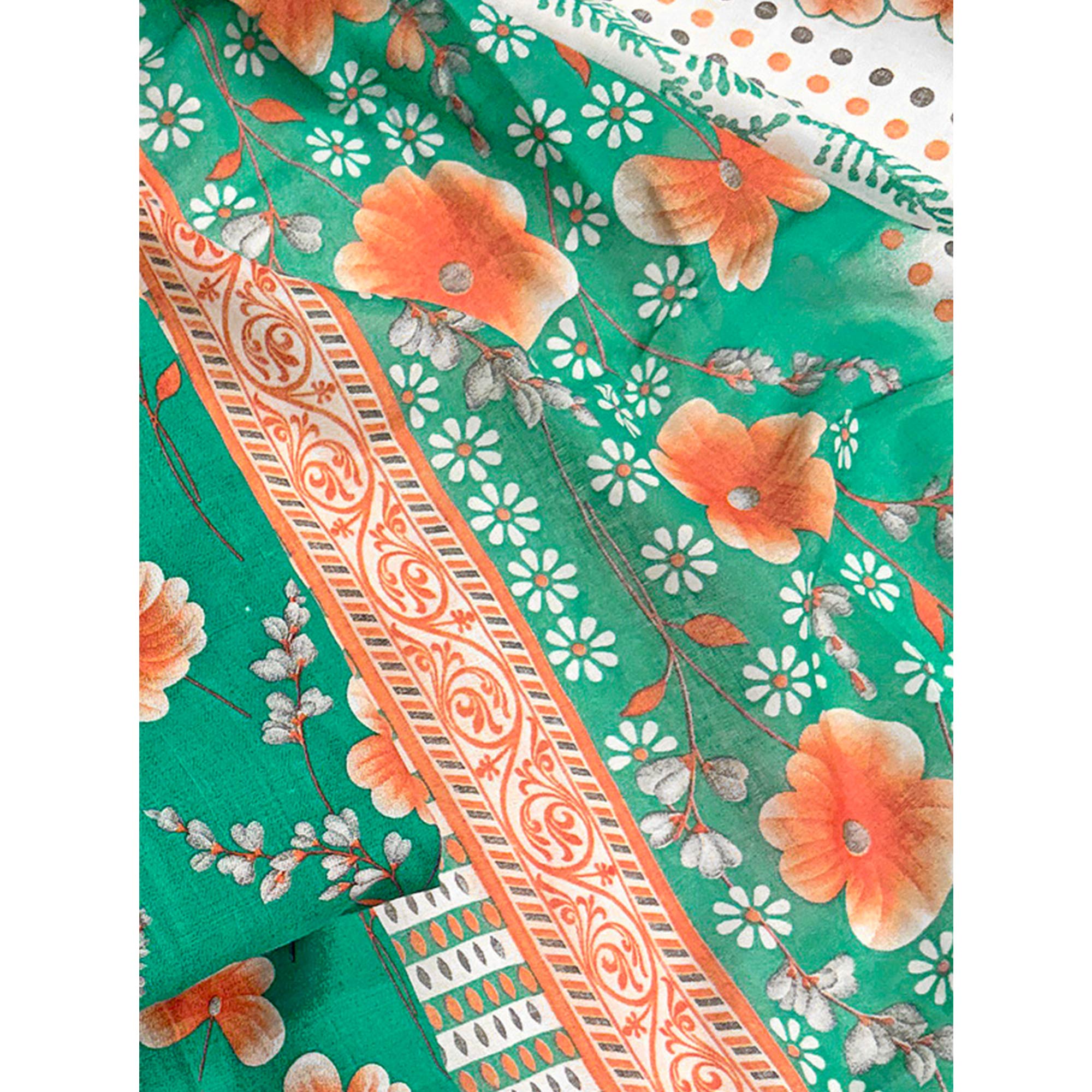 Green Floral Printed Pure Cotton Dress Material With Stylish Tie Neck & Fancy Button Work