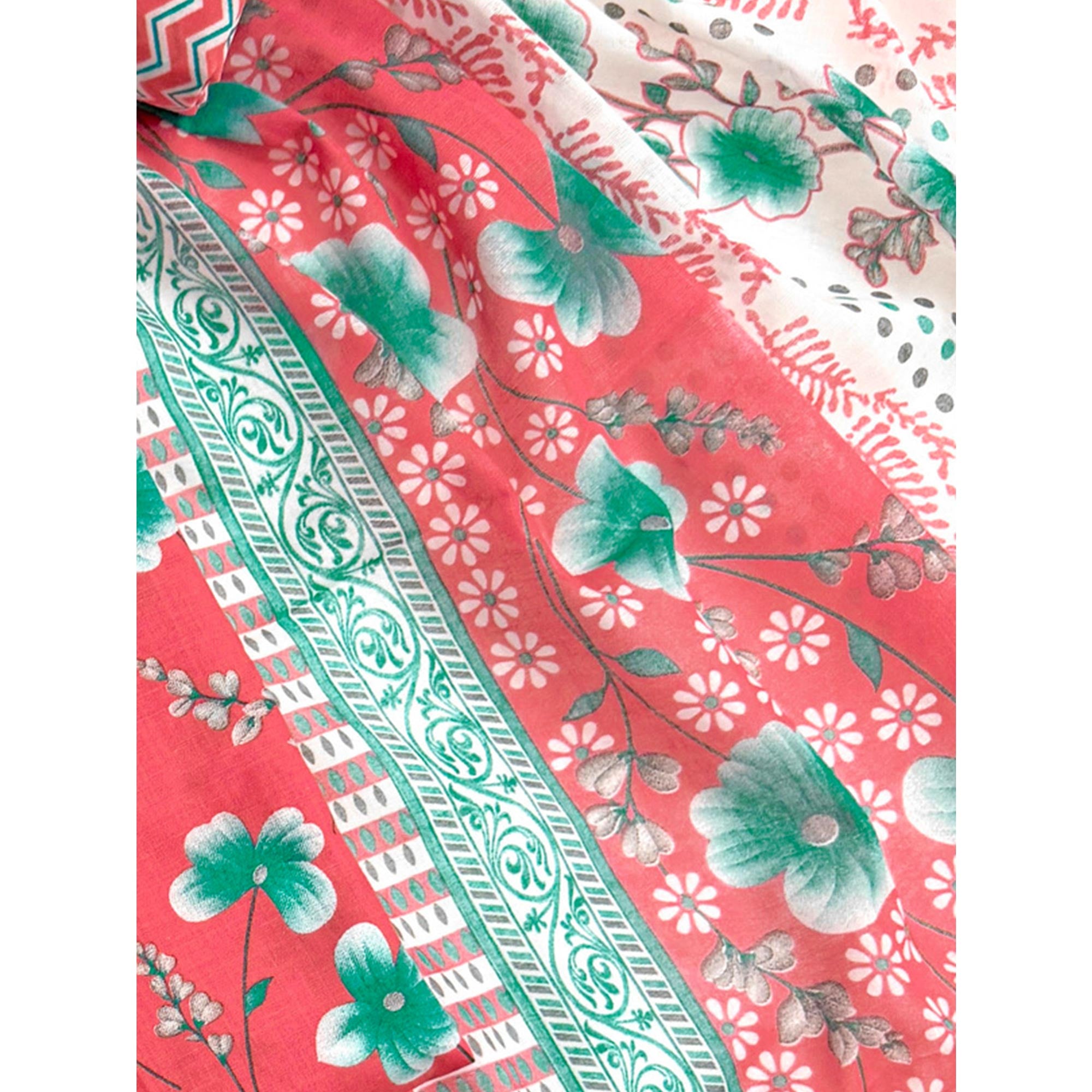 Red Floral Printed Pure Cotton Dress Material With Stylish Tie Neck & Fancy Button Work