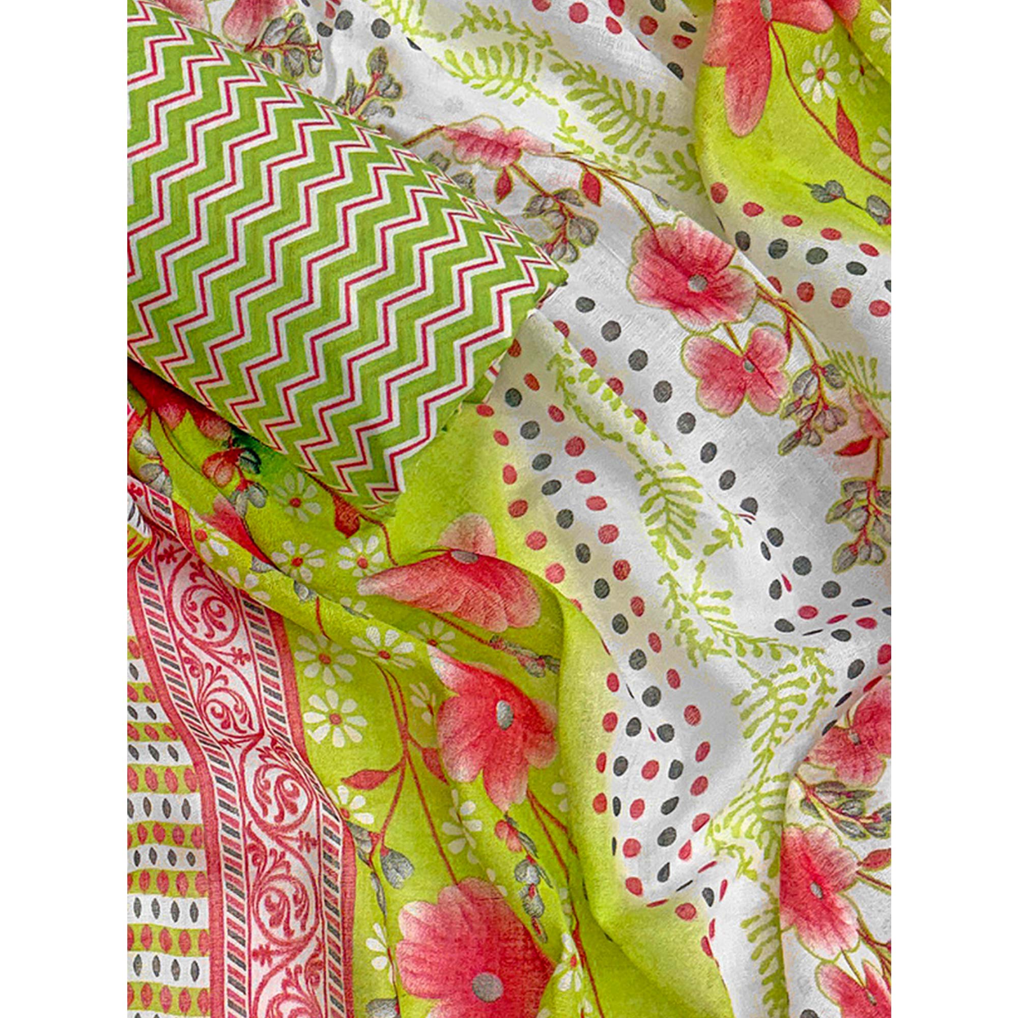 Parrot Green Floral Printed Pure Cotton Dress Material With Stylish Tie Neck & Fancy Button Work