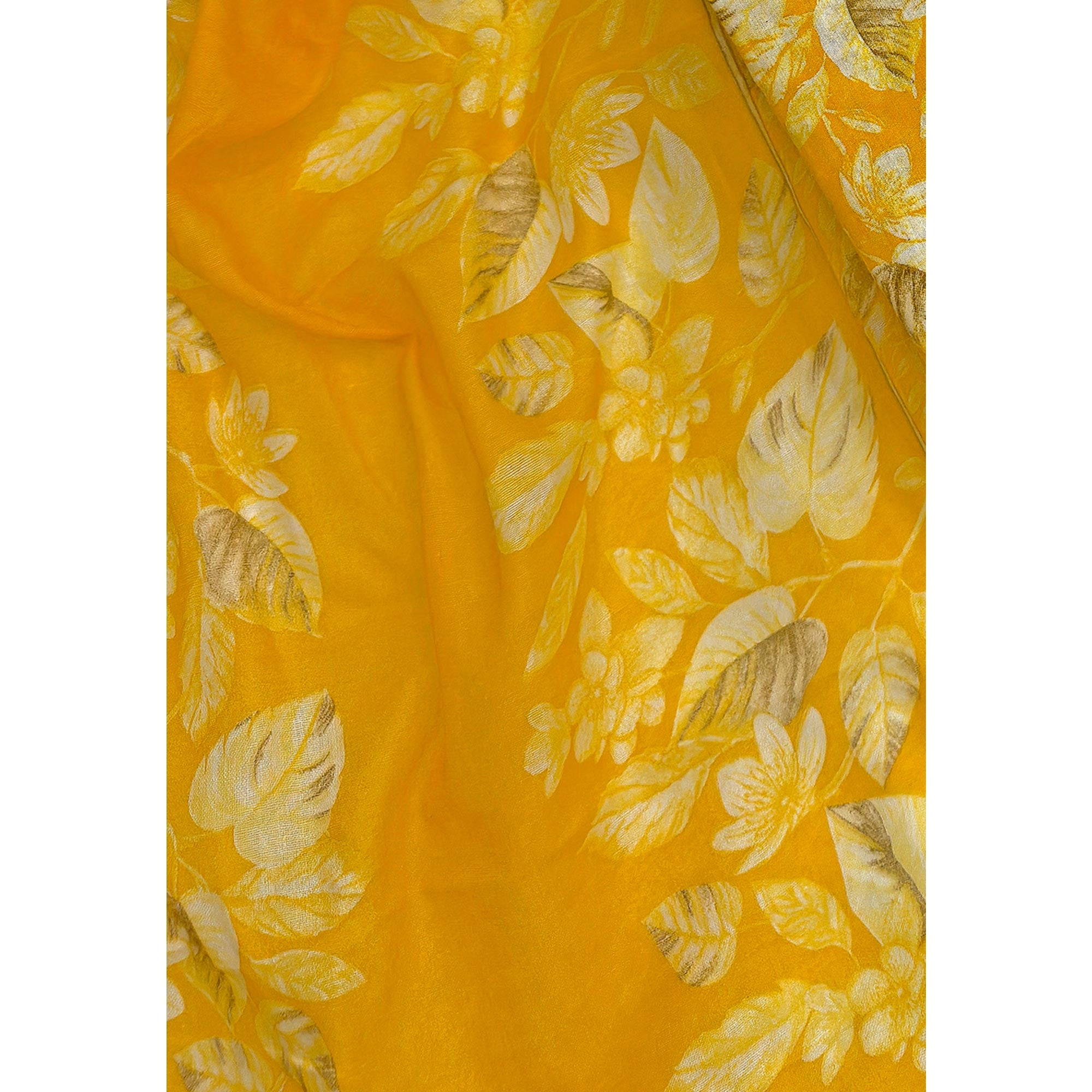 Charming Mustard Pure Cotton Dress Material Featuring Floral Print With Tie On Neck & Fancy Button