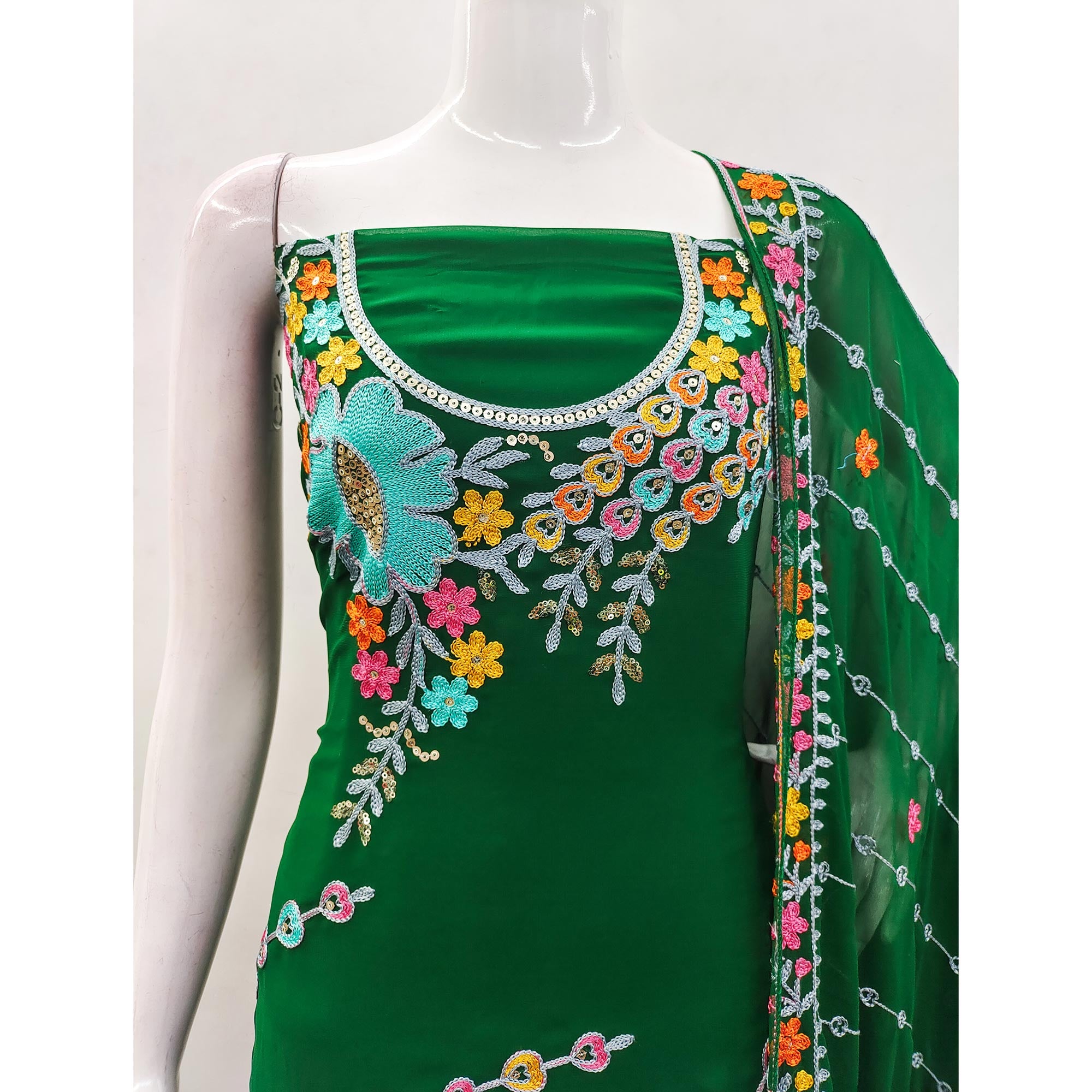 Dark Green Floral Sequins Embroidered Georgette Dress Material