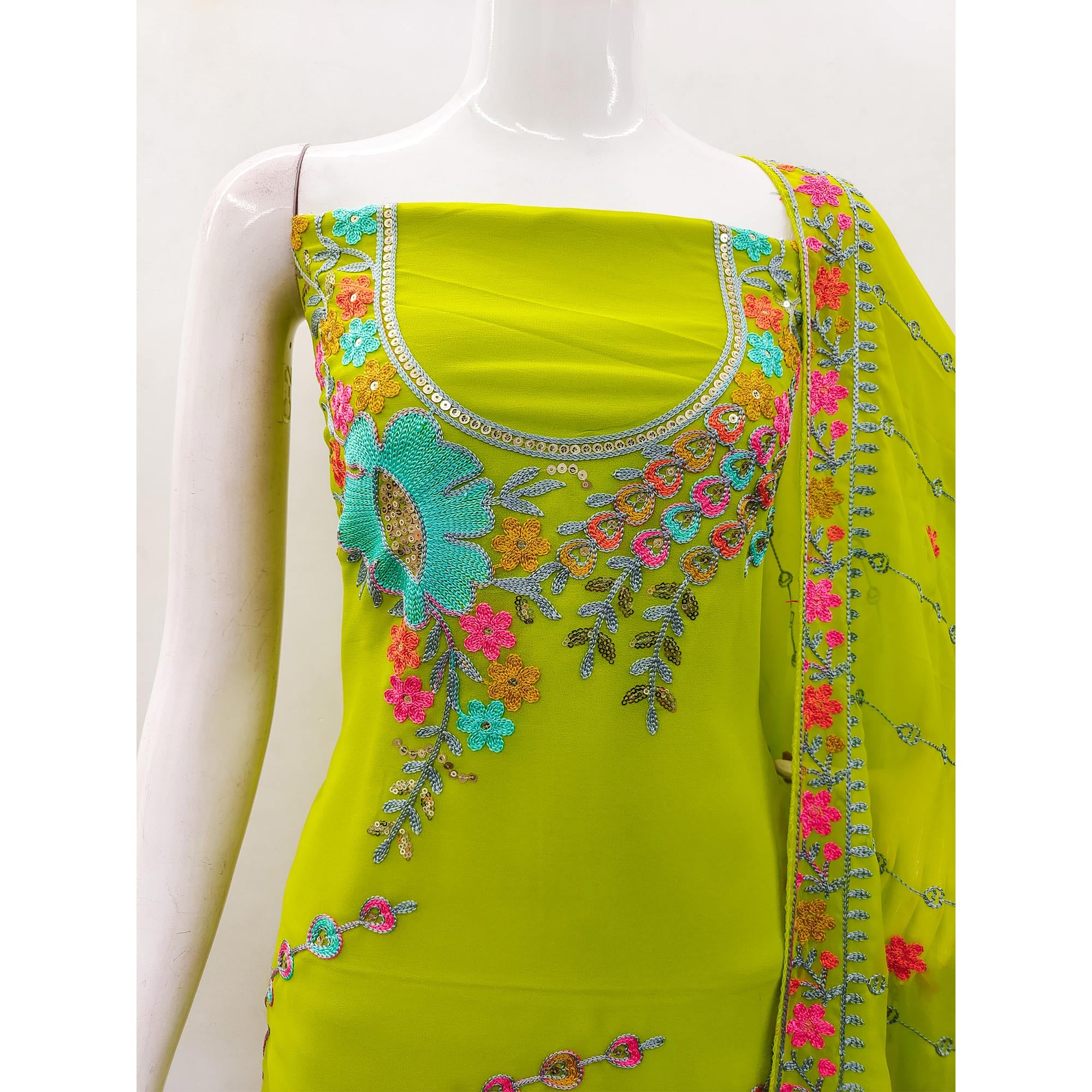 Green Floral Sequins Embroidered Georgette Dress Material