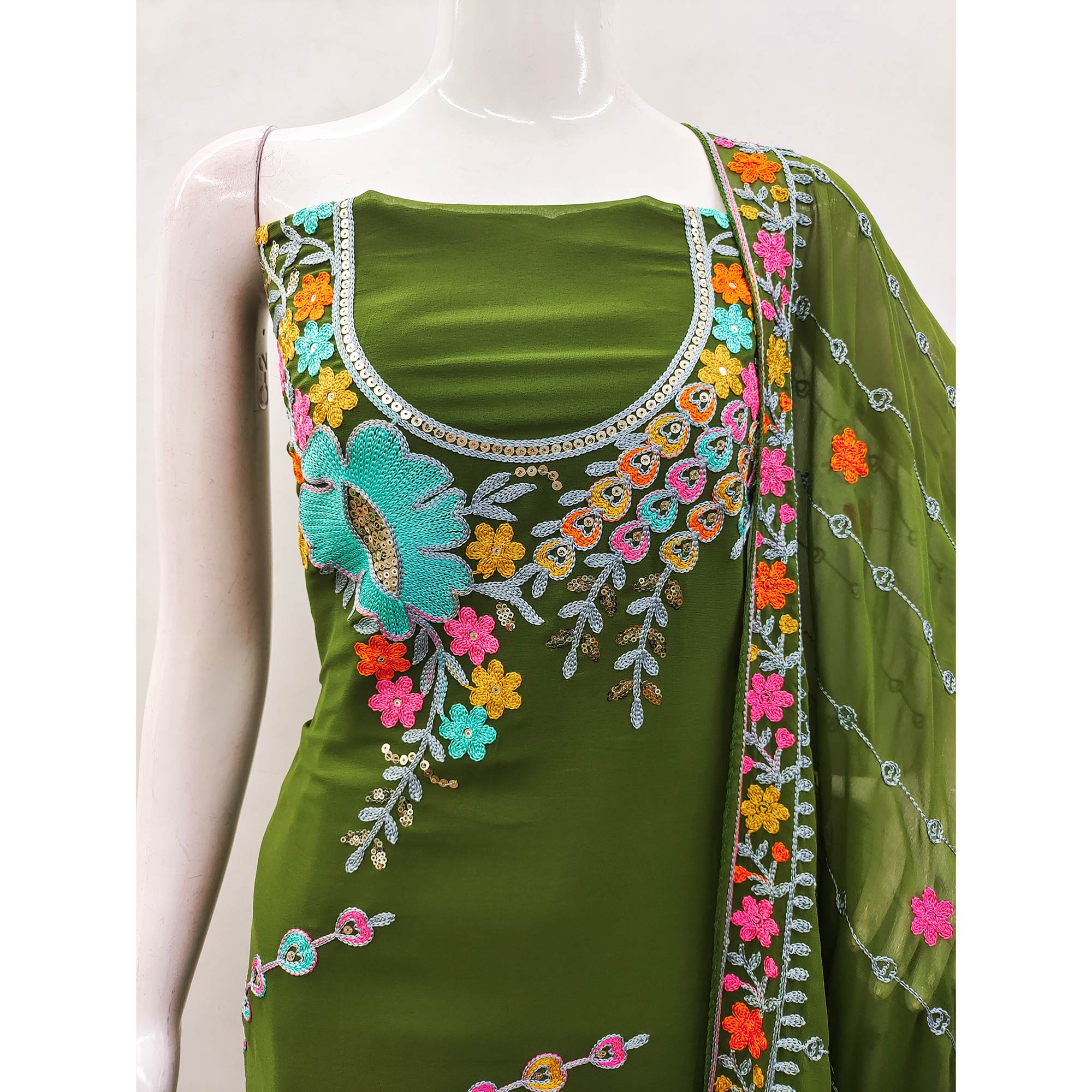 Mehendi Green Floral Sequins Embroidered Georgette Dress Material