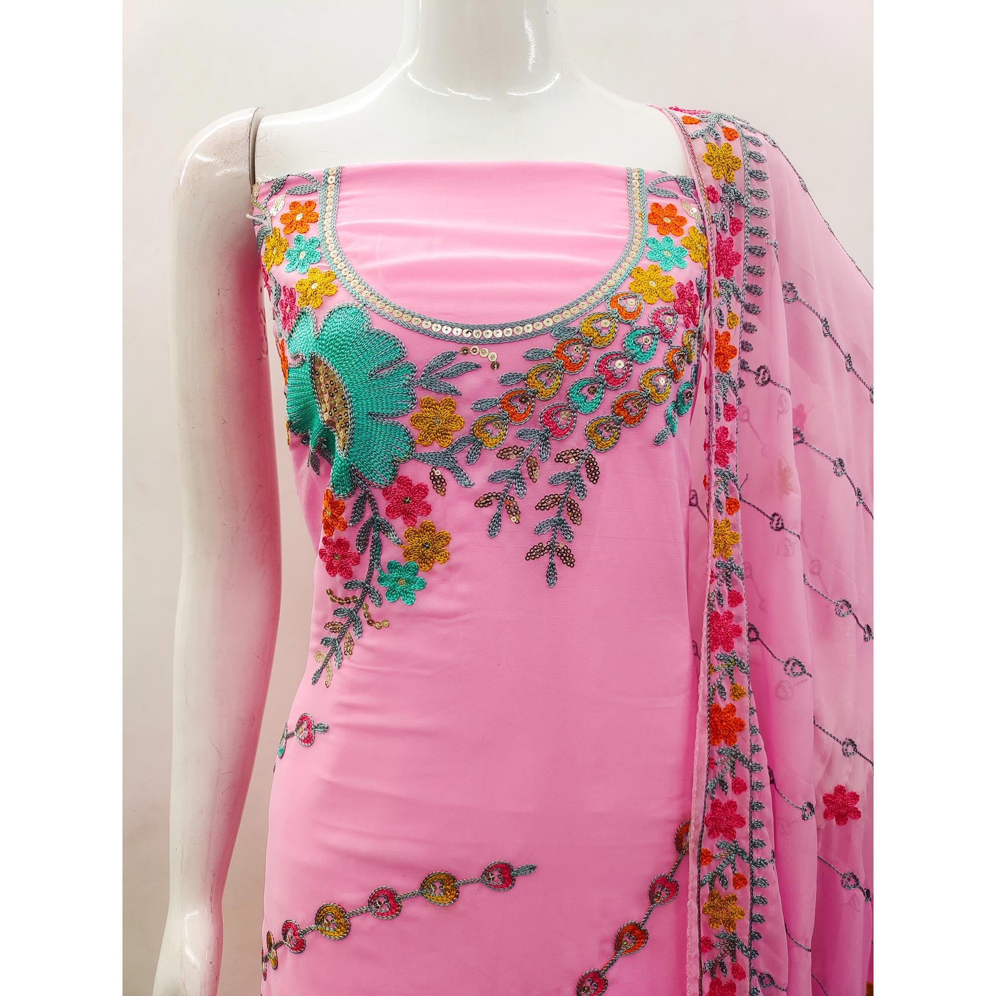 Pink Floral Sequins Embroidered Georgette Dress Material