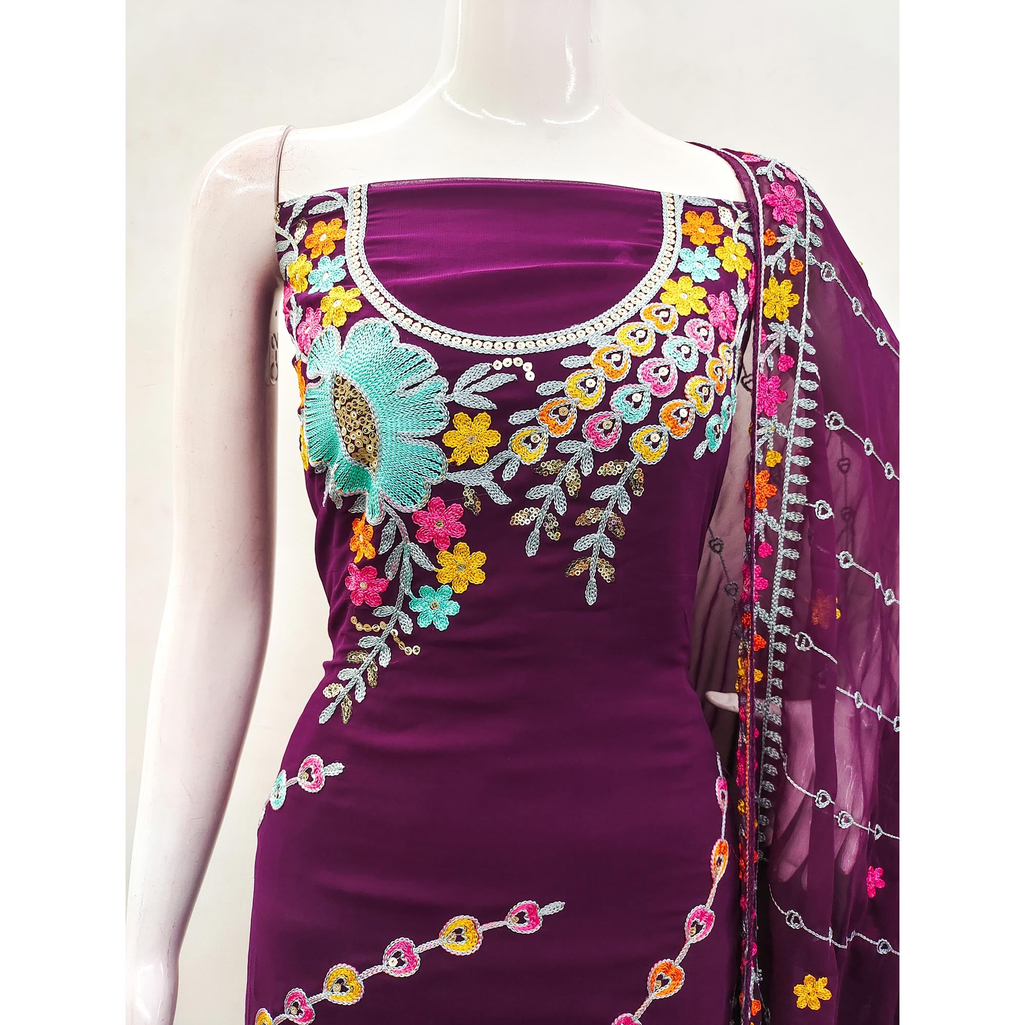 Purple Floral Sequins Embroidered Georgette Dress Material