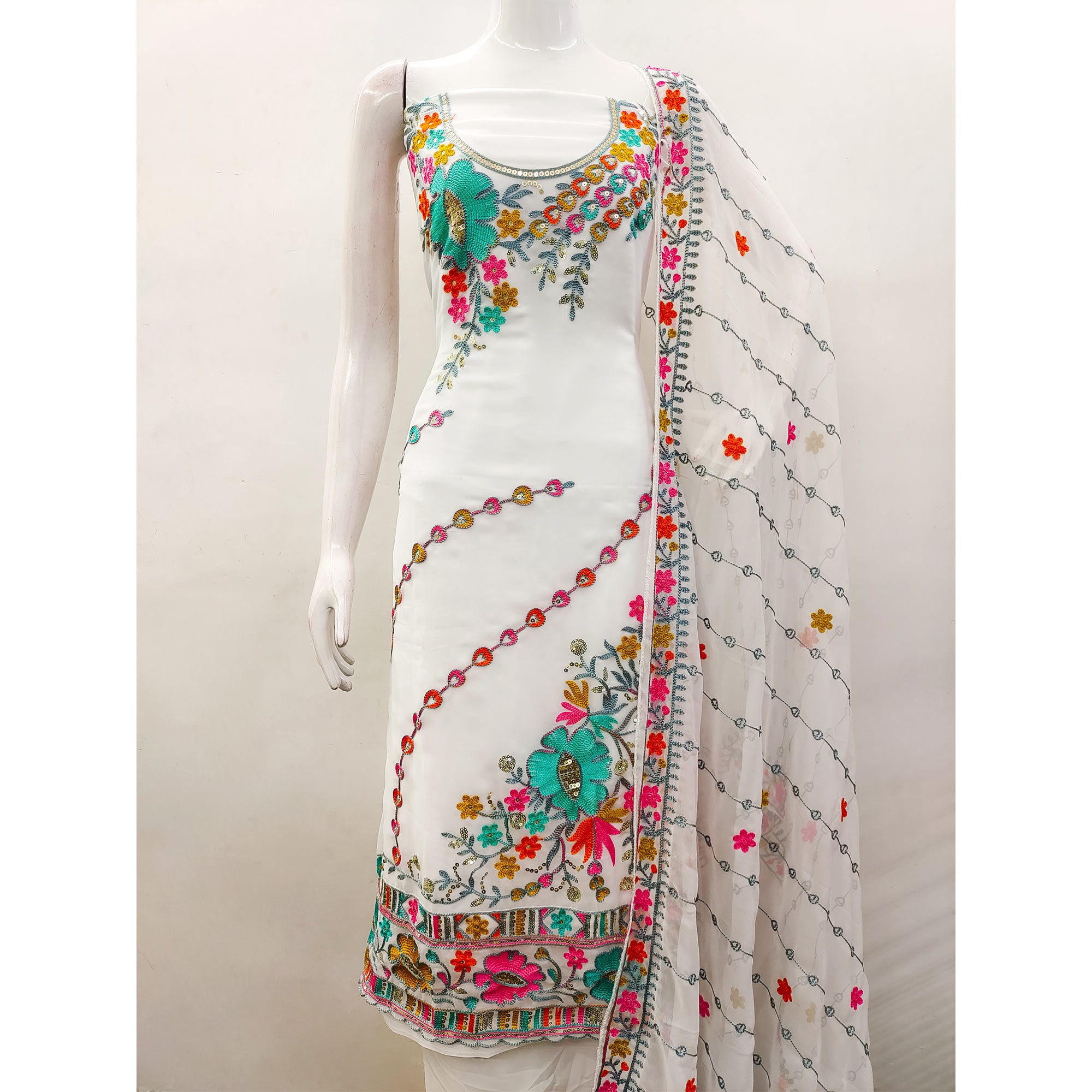 White Floral Sequins Embroidered Georgette Dress Material