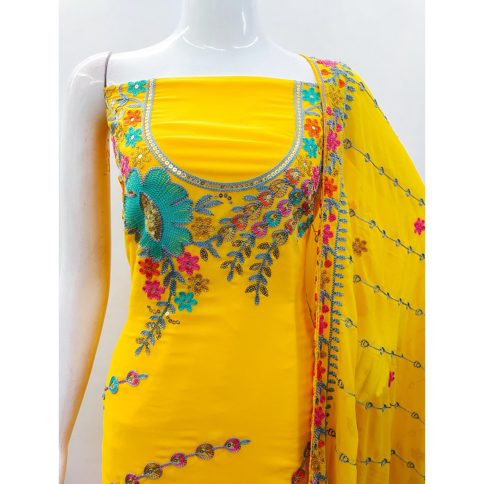 Yellow Floral Sequins Embroidered Georgette Dress Material