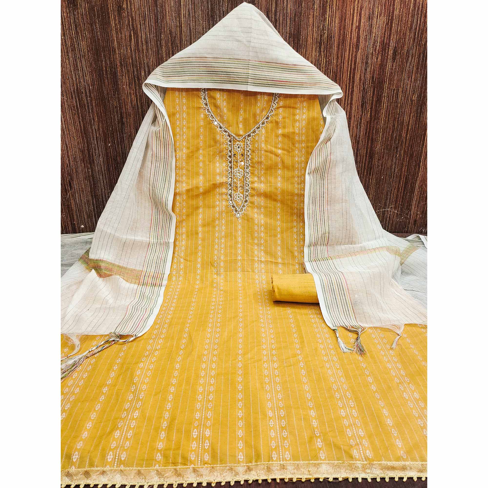 Yellow Woven With Handwork Cotton Blend Dress Material