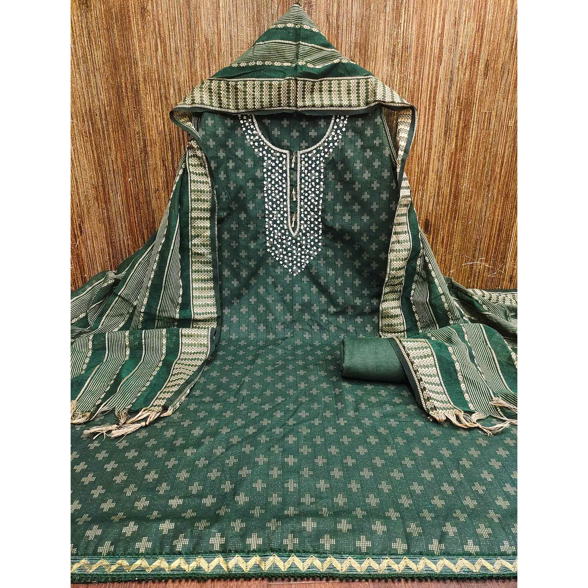 Green Woven With Handwork Cotton Blend Dress Material