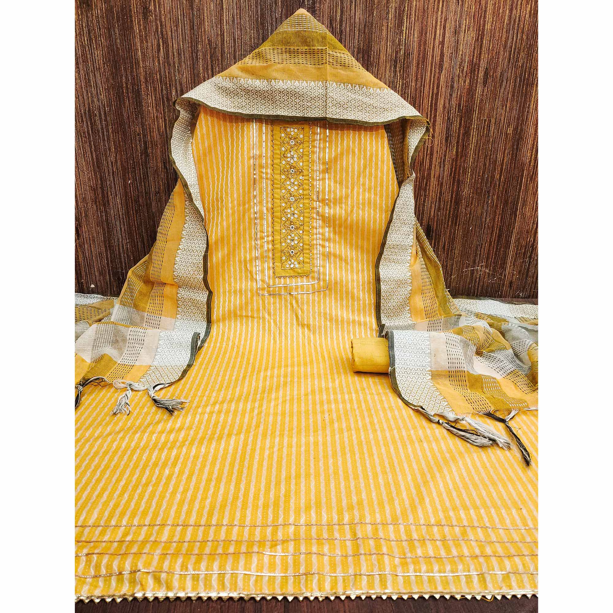 Yellow Woven With Handwork Cotton Blend Dress Material