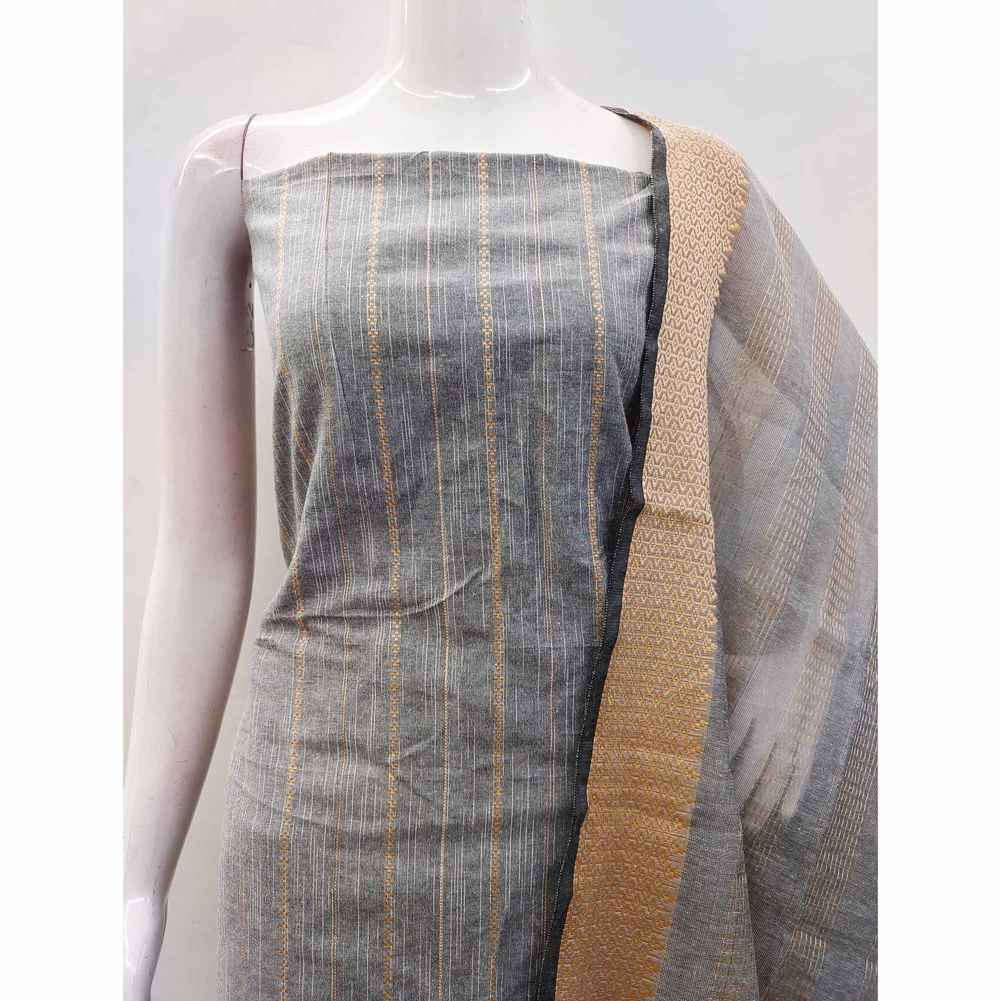 Grey Woven Cotton Blend Dress Material