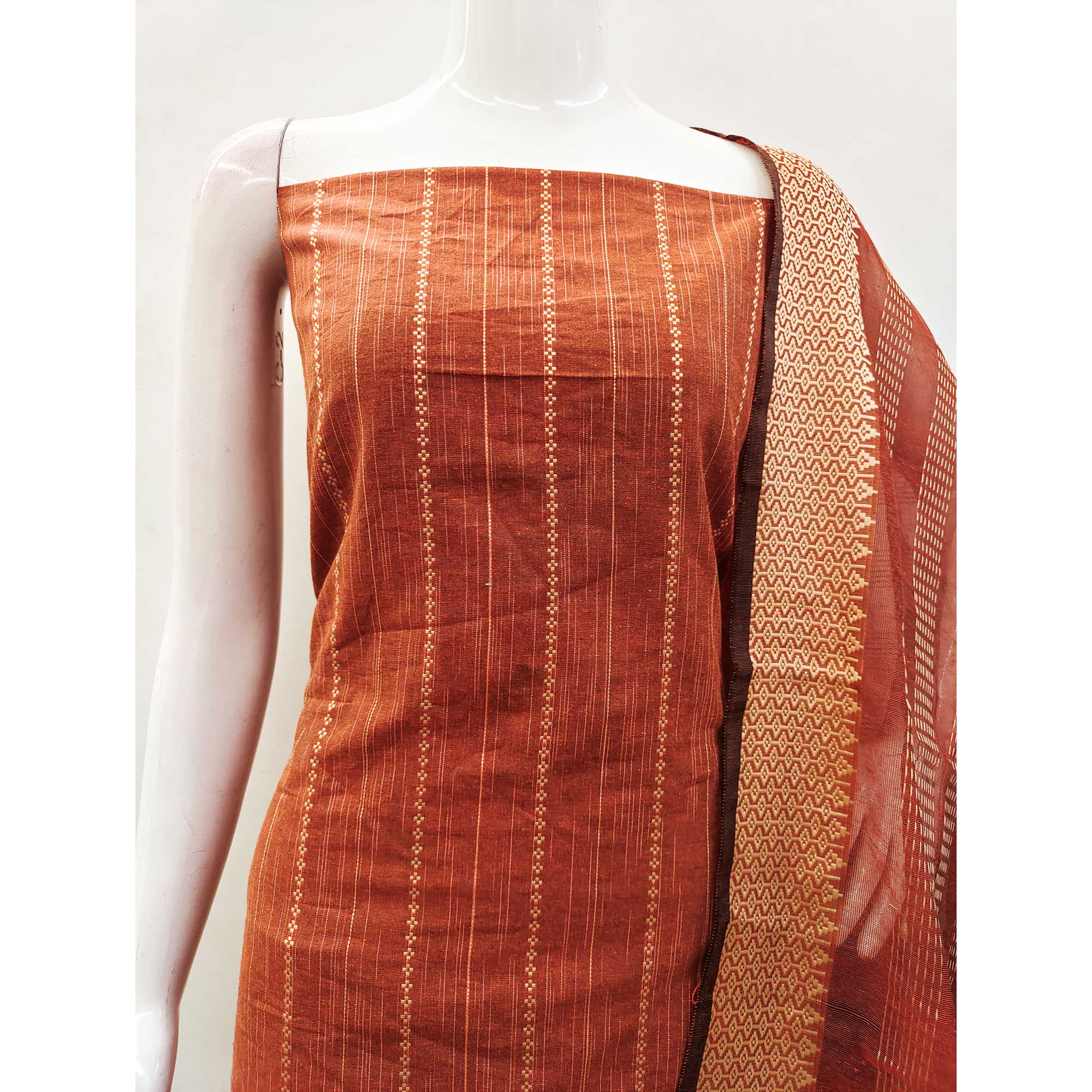 Rust Woven Cotton Blend Dress Material