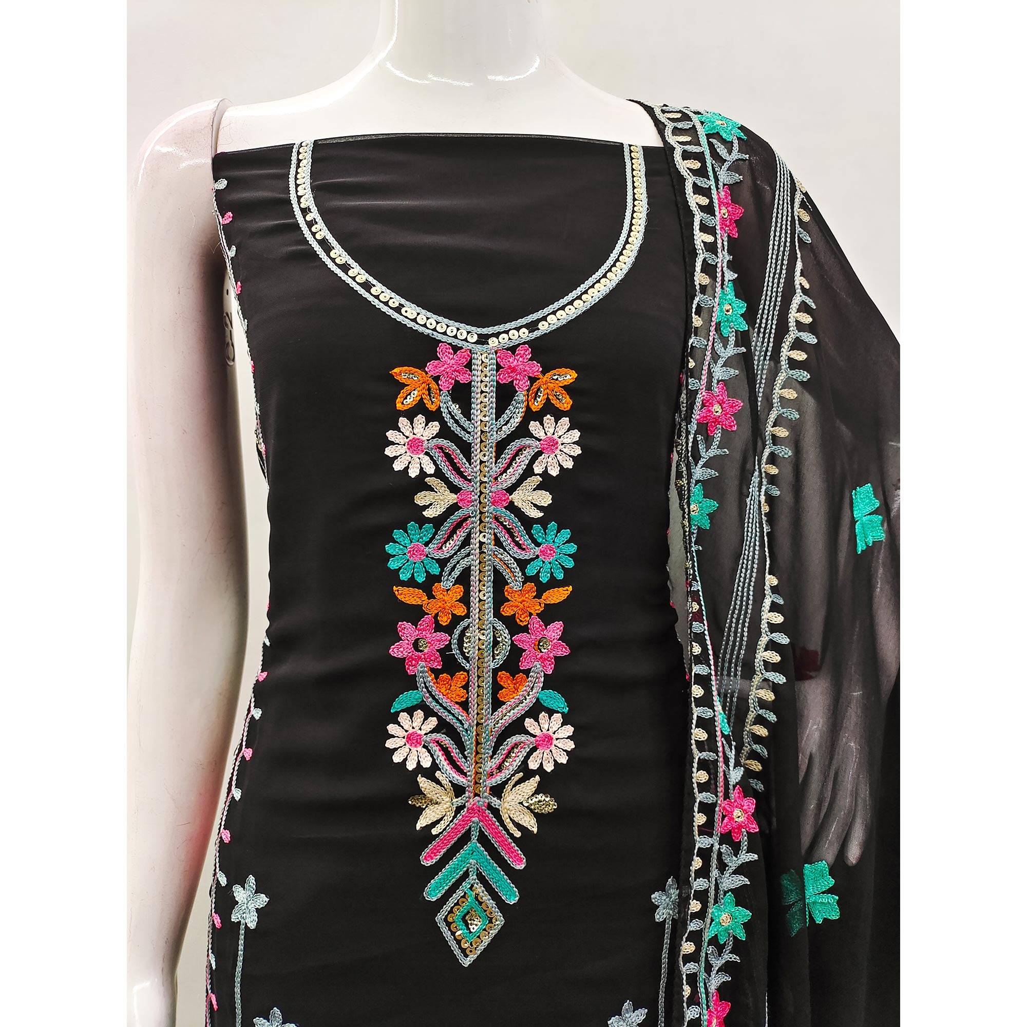 Black Floral Sequins Embroidered Georgette Dress Material