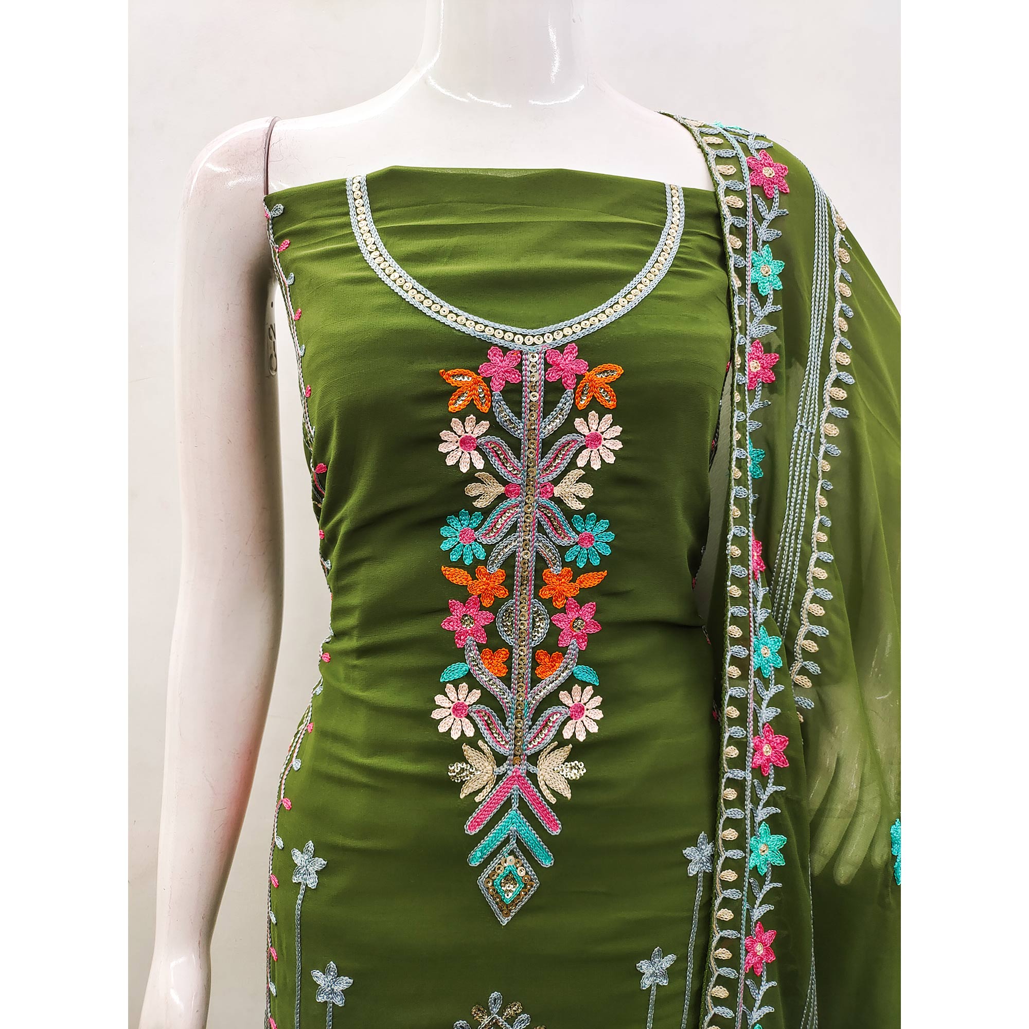 Green Floral Sequins Embroidered Georgette Dress Material