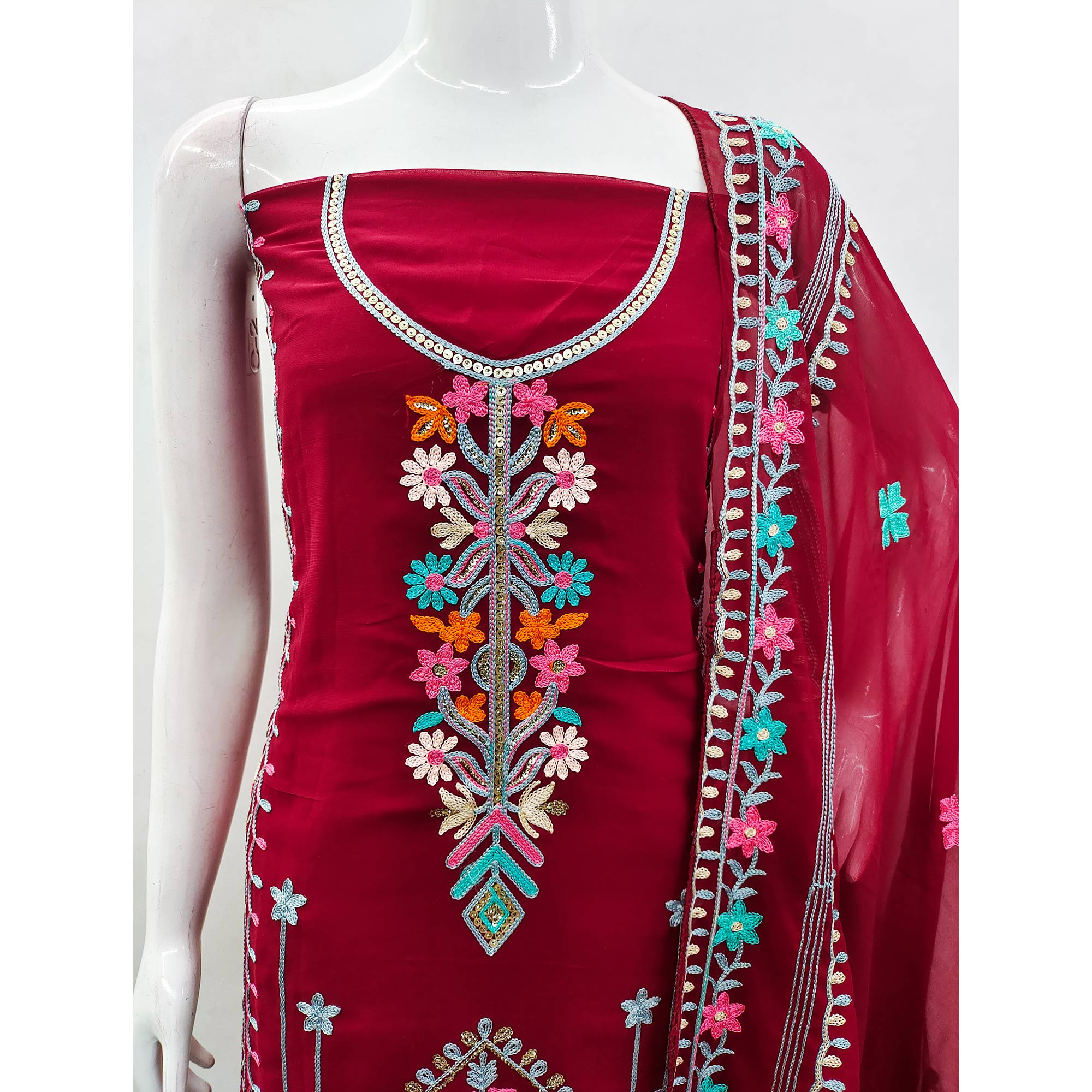 Maroon Floral Sequins Embroidered Georgette Dress Material
