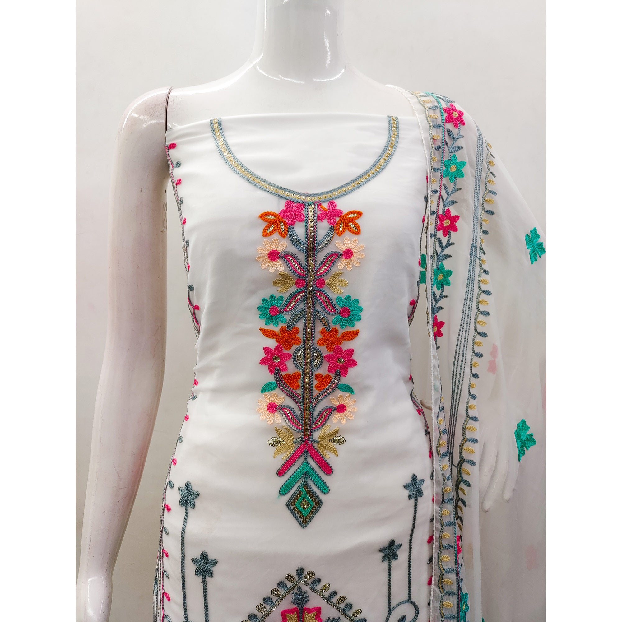 White Floral Sequins Embroidered Georgette Dress Material